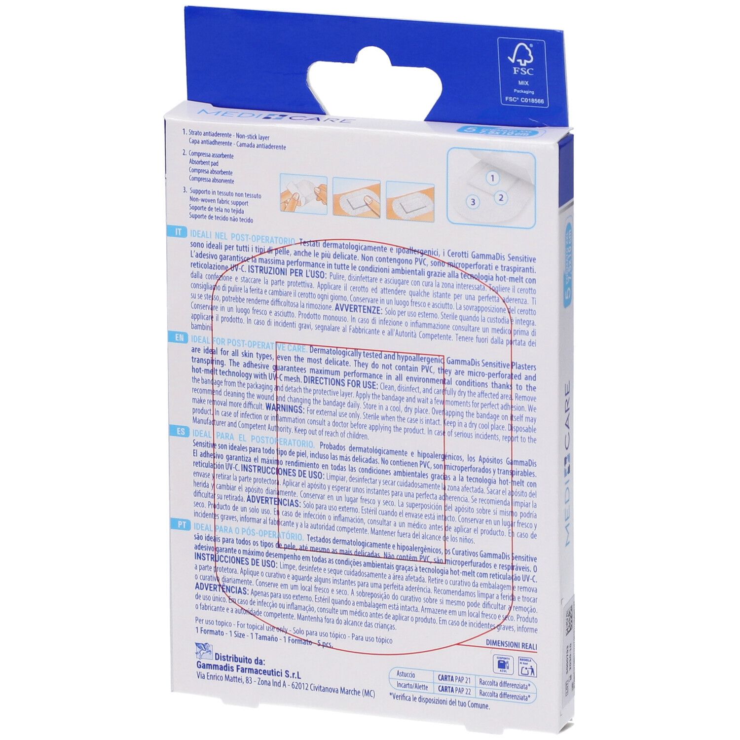 Retro della confezione MEDICARE CER ST TNT. Testo multilingue. Logo FSC.