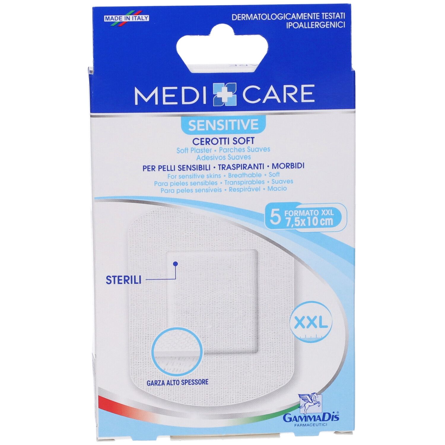 Vista frontale della confezione MEDICARE CER ST TNT. Contiene 5 cerotti, formato XXL, 7,5x10 cm. Scritta: Sensitive, Cerotti Soft.