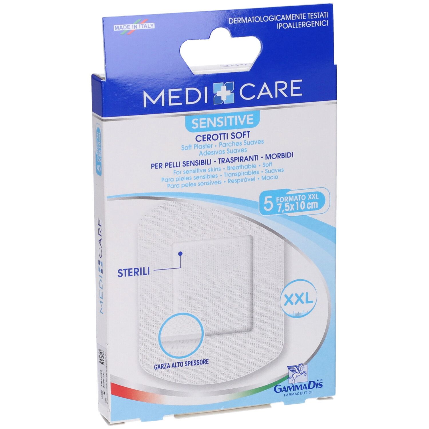 Vista frontale della confezione MEDICARE CER ST TNT. Contiene 5 cerotti, formato XXL, 7,5x10 cm. Scritta: Sensitive, Cerotti Soft.