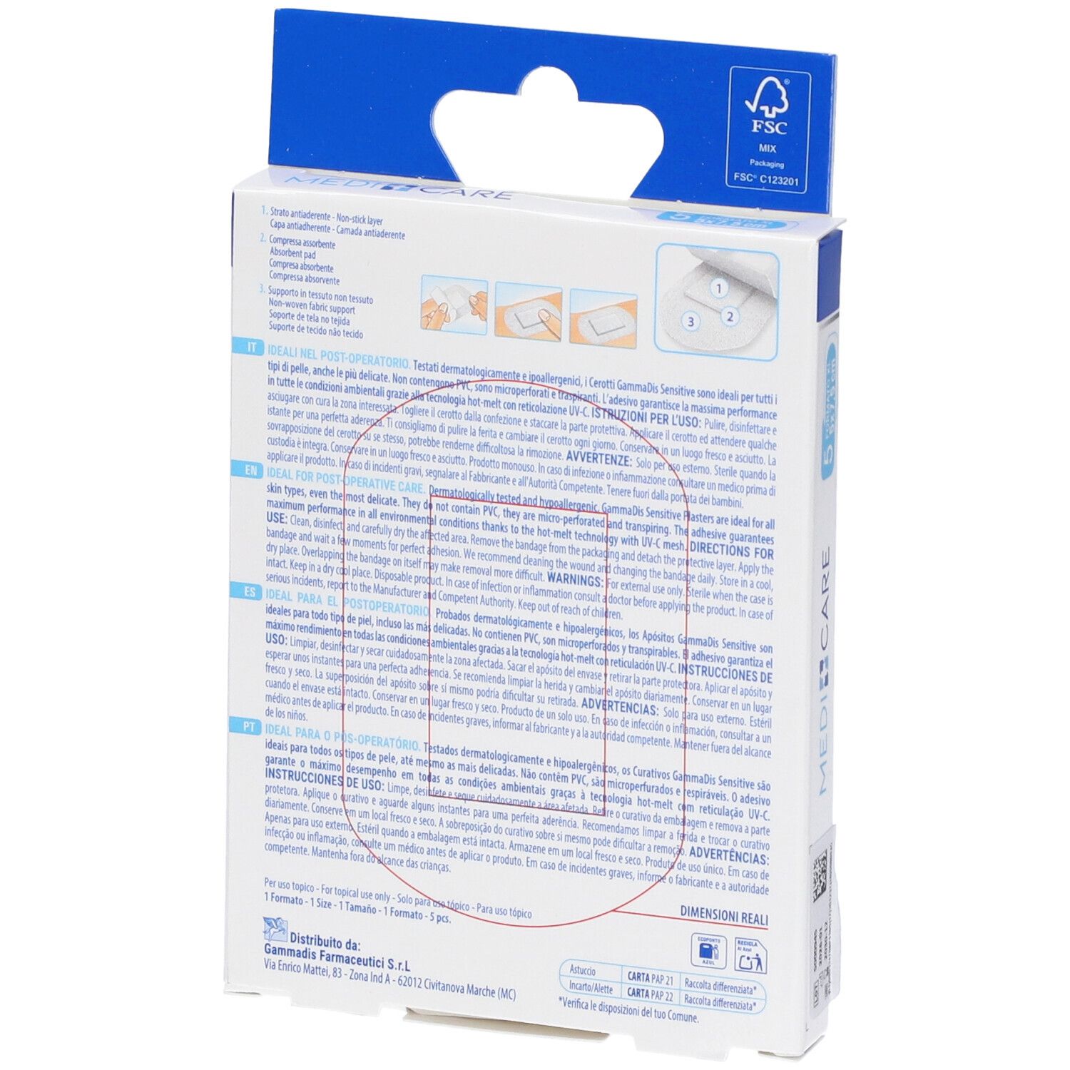 Retro della confezione. Testo multilingue. Informazioni per l'uso e avvertenze.