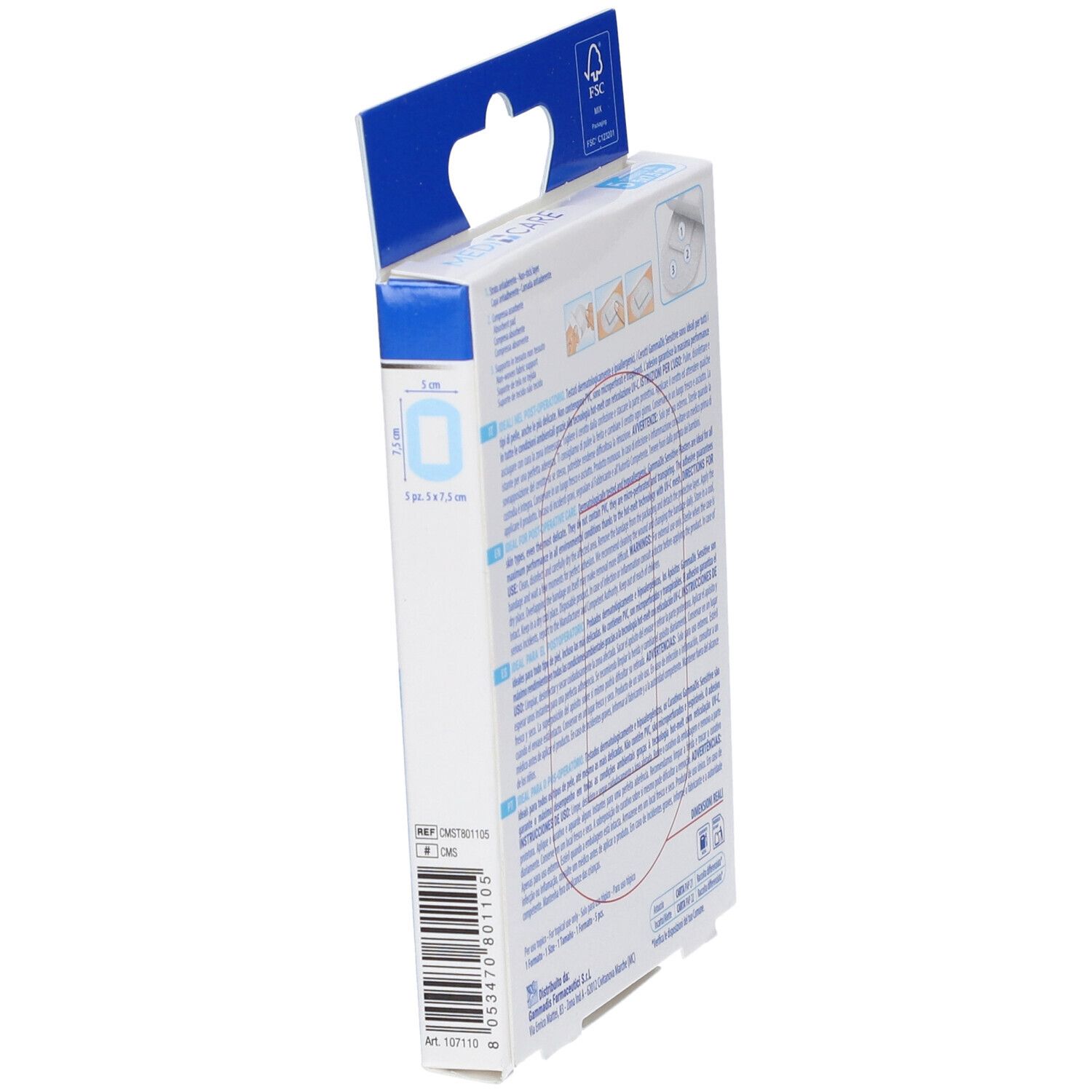 Vista laterale della confezione. Testo e illustrazioni. Medicare Sensitive. 5 cerotti, 5x7,5 cm.