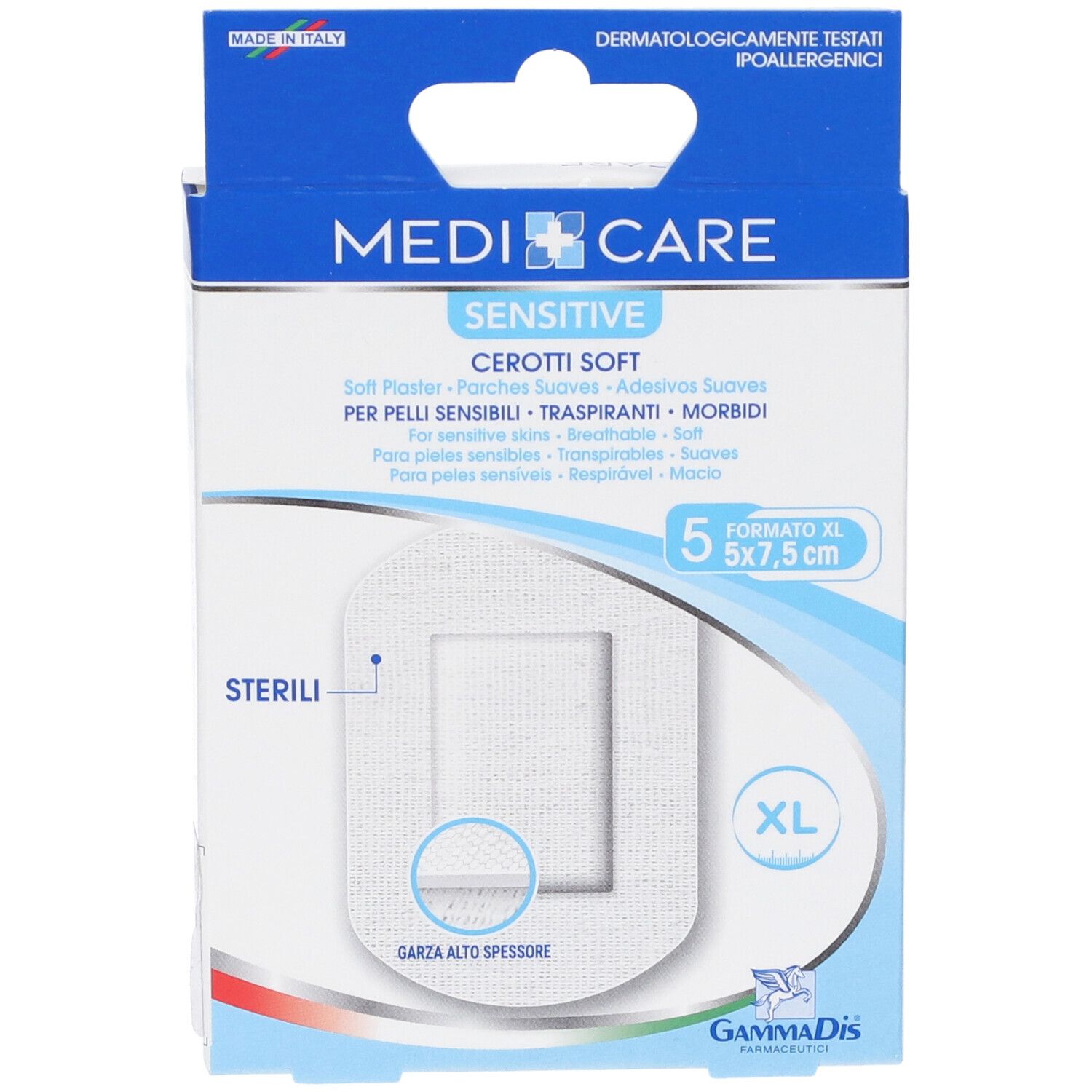 Confezione di cerotti Medicare Sensitive. 5 pezzi, 5x7,5 cm. Cerotto morbido e sterile. Testato dermatologicamente.
