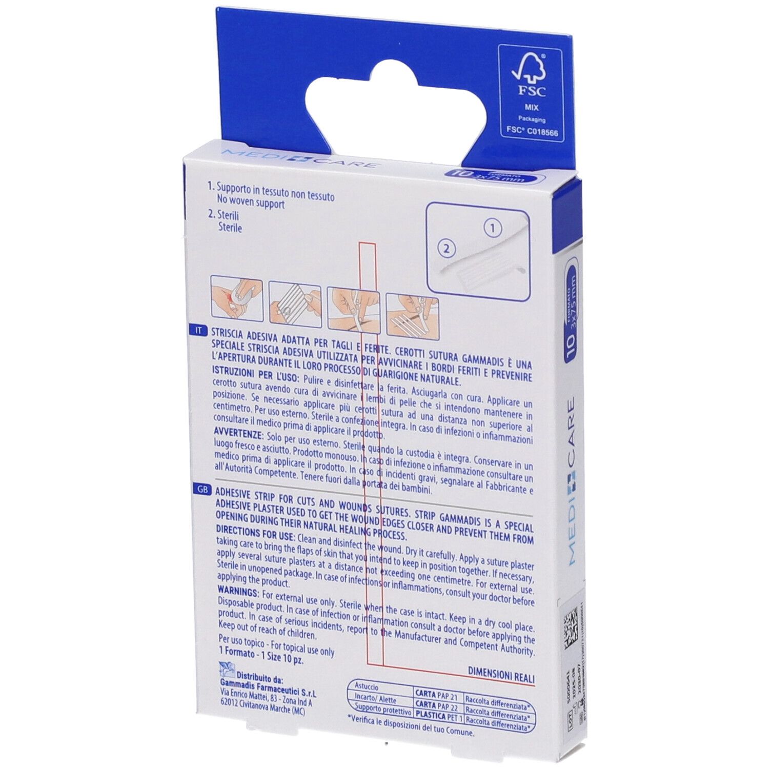 Retro della confezione MEDICARE CEROTTI SUTURA STER 10PZ. Contiene istruzioni e informazioni per l'uso.