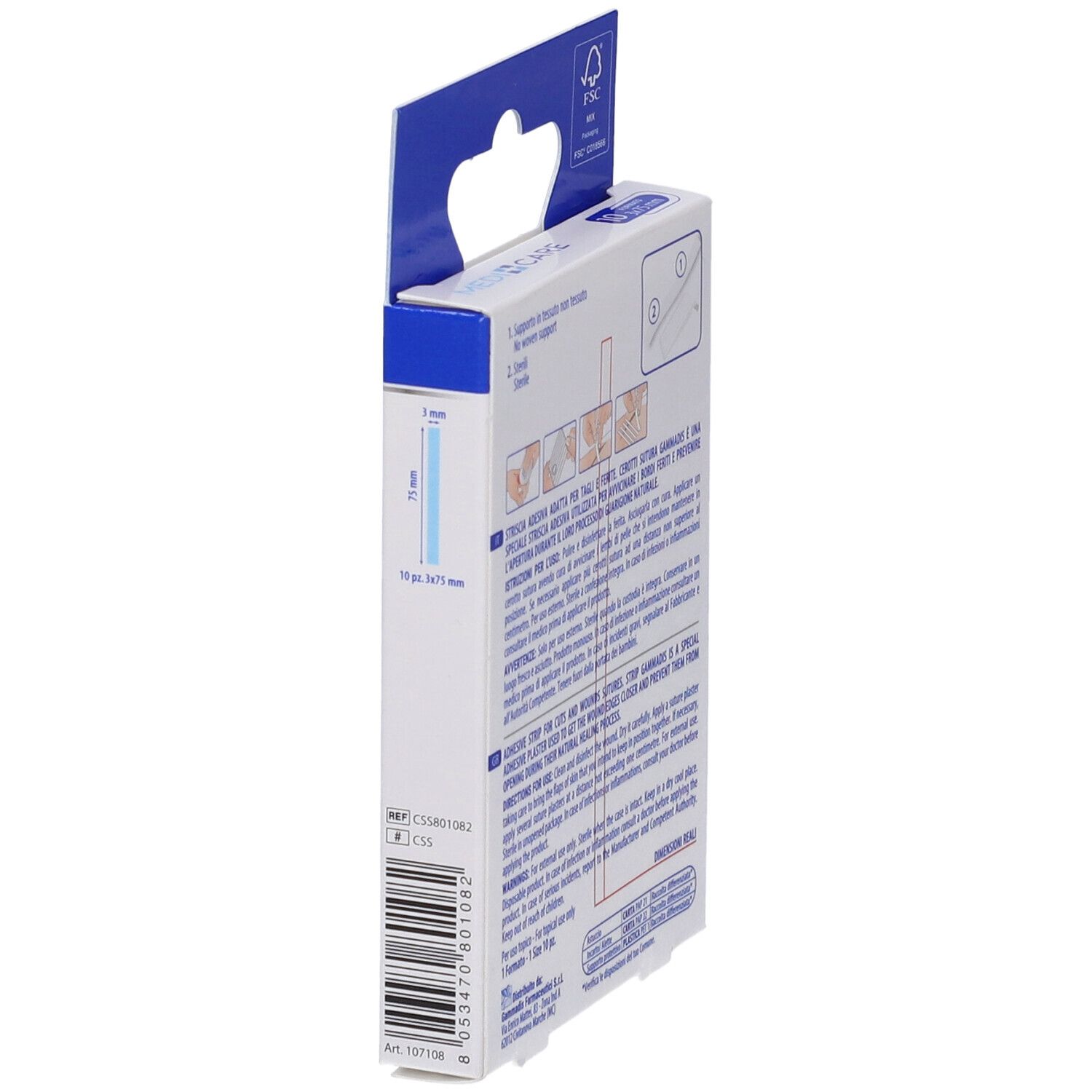 Vista laterale della confezione MEDICARE CEROTTI SUTURA STER 10PZ. Mostra informazioni e dimensioni.