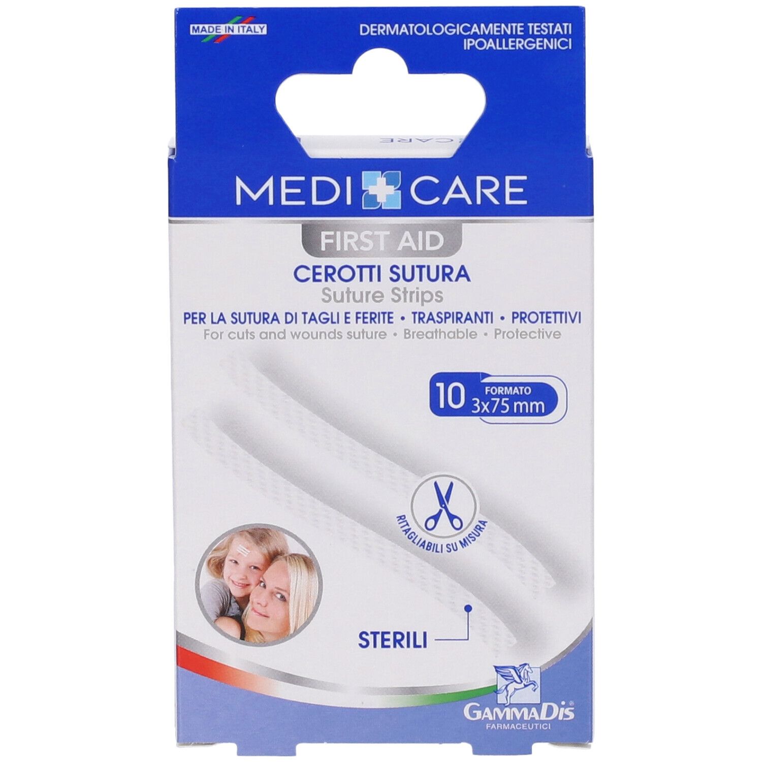 Vista frontale della confezione MEDICARE CEROTTI SUTURA STER 10PZ. 10 strisce suture sterili. Dimensione: 3x75 mm.