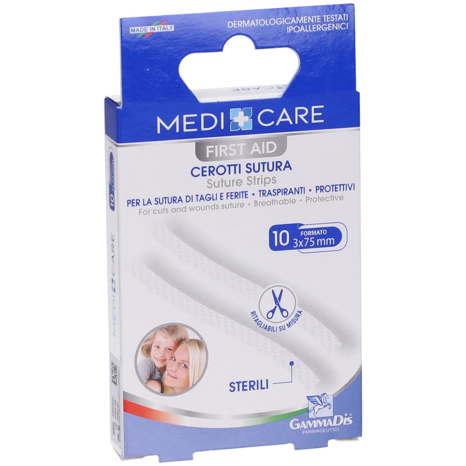 Vista frontale della confezione MEDICARE CEROTTI SUTURA STER 10PZ. 10 strisce suture sterili. Dimensione: 3x75 mm.