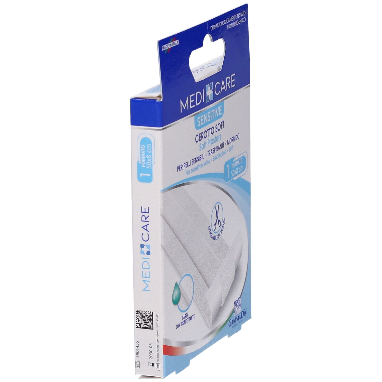 Vista laterale della confezione MEDICARE CEROTTO SOFT. Mostra la dimensione 50x8 cm. Con codice a barre e informazioni produttore.