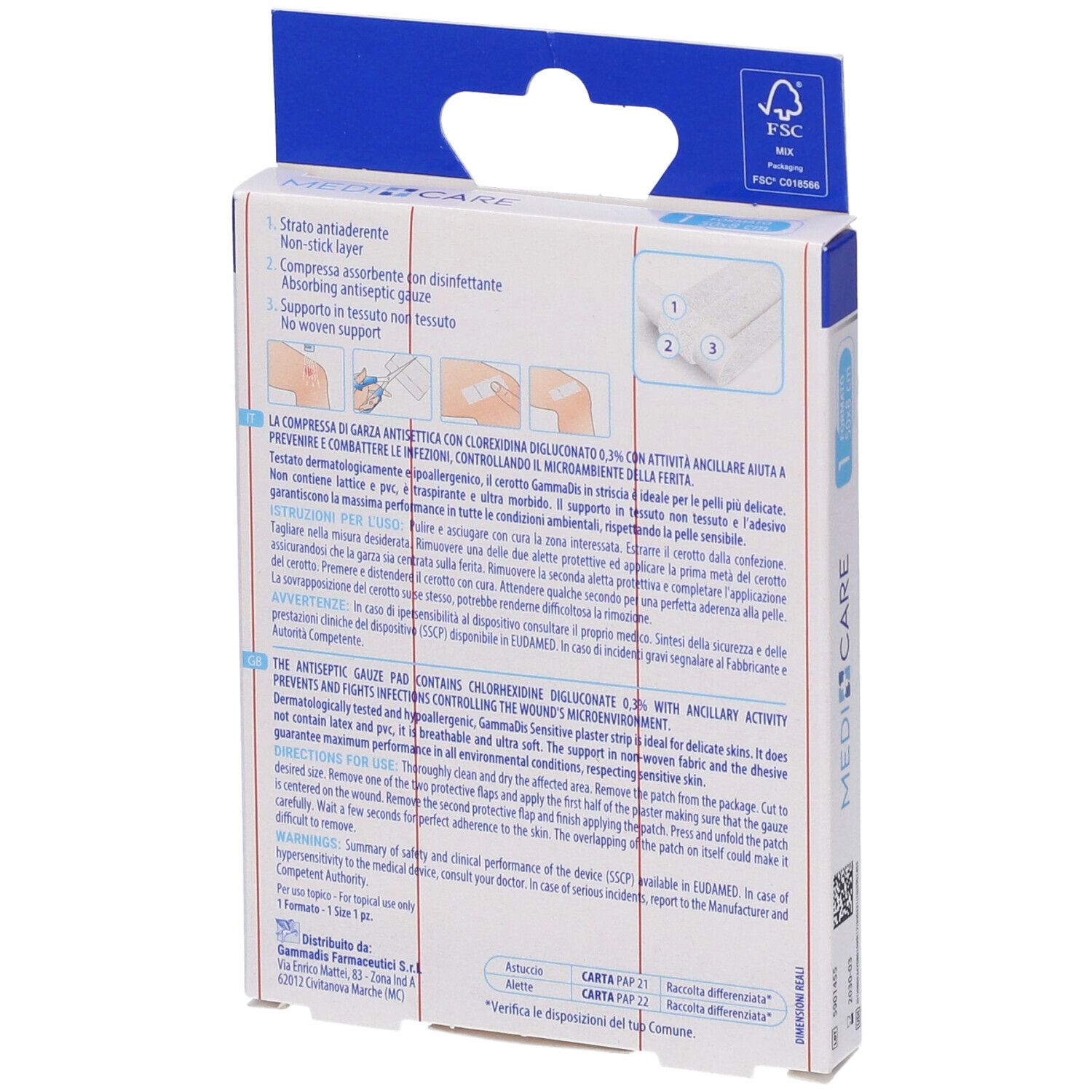 Retro della confezione MEDICARE CEROTTO SOFT. Contiene istruzioni e ingredienti. Certificazione FSC.