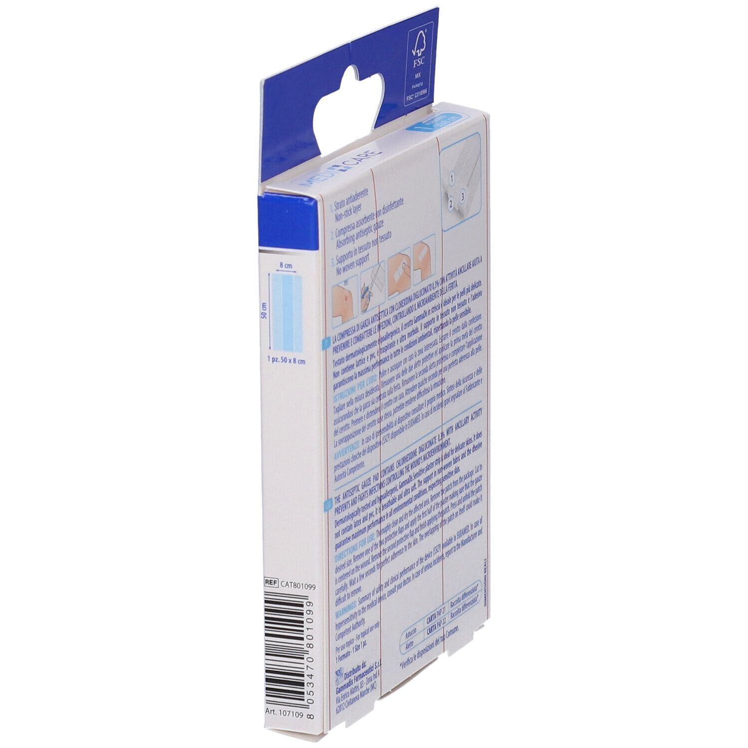 Vista laterale della confezione MEDICARE CEROTTO SOFT. Mostra informazioni e istruzioni. Con codice a barre.