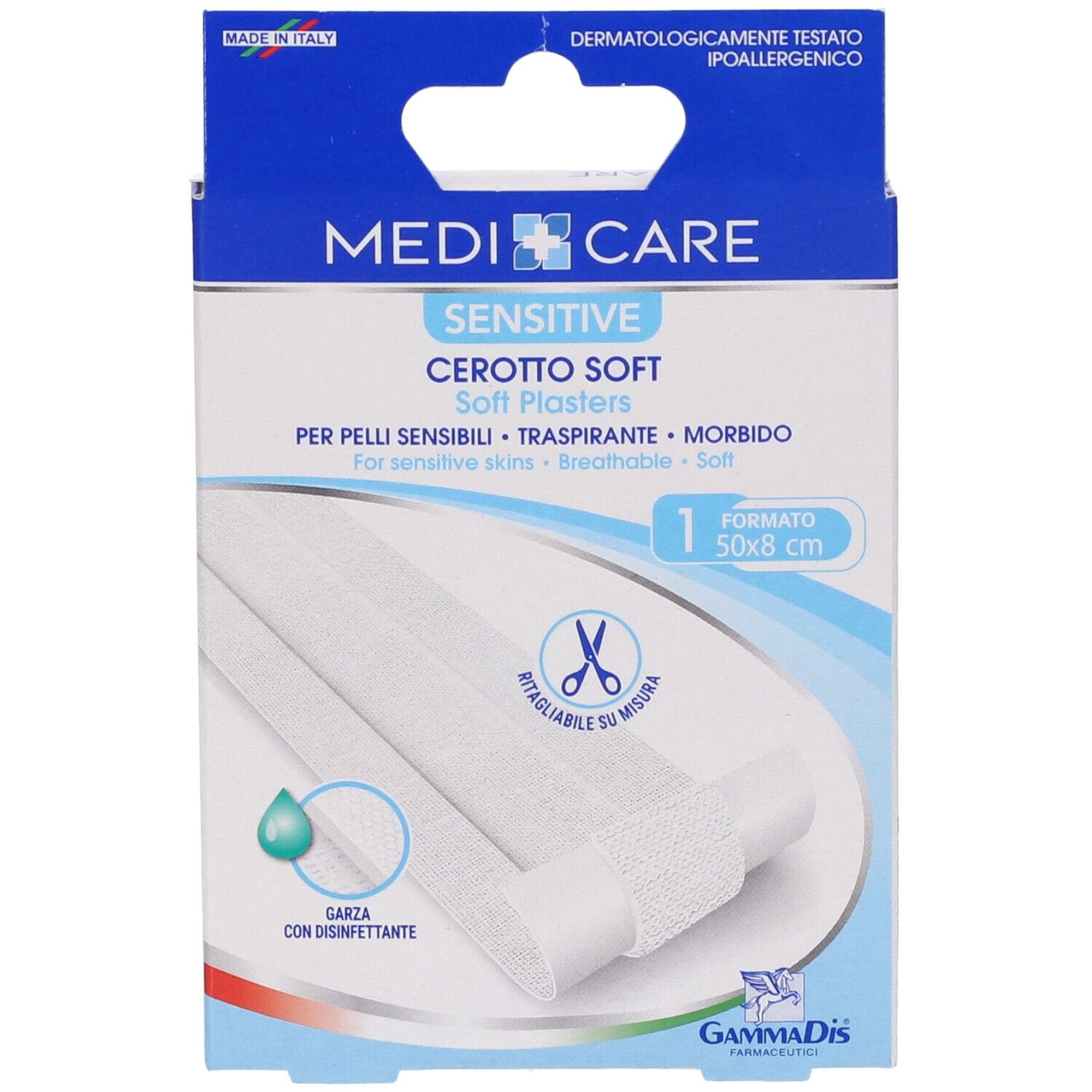 Confezione MEDICARE CEROTTO SOFT. Cerotti morbidi per pelli sensibili. Dimensione 50x8 cm. Simbolo forbici.