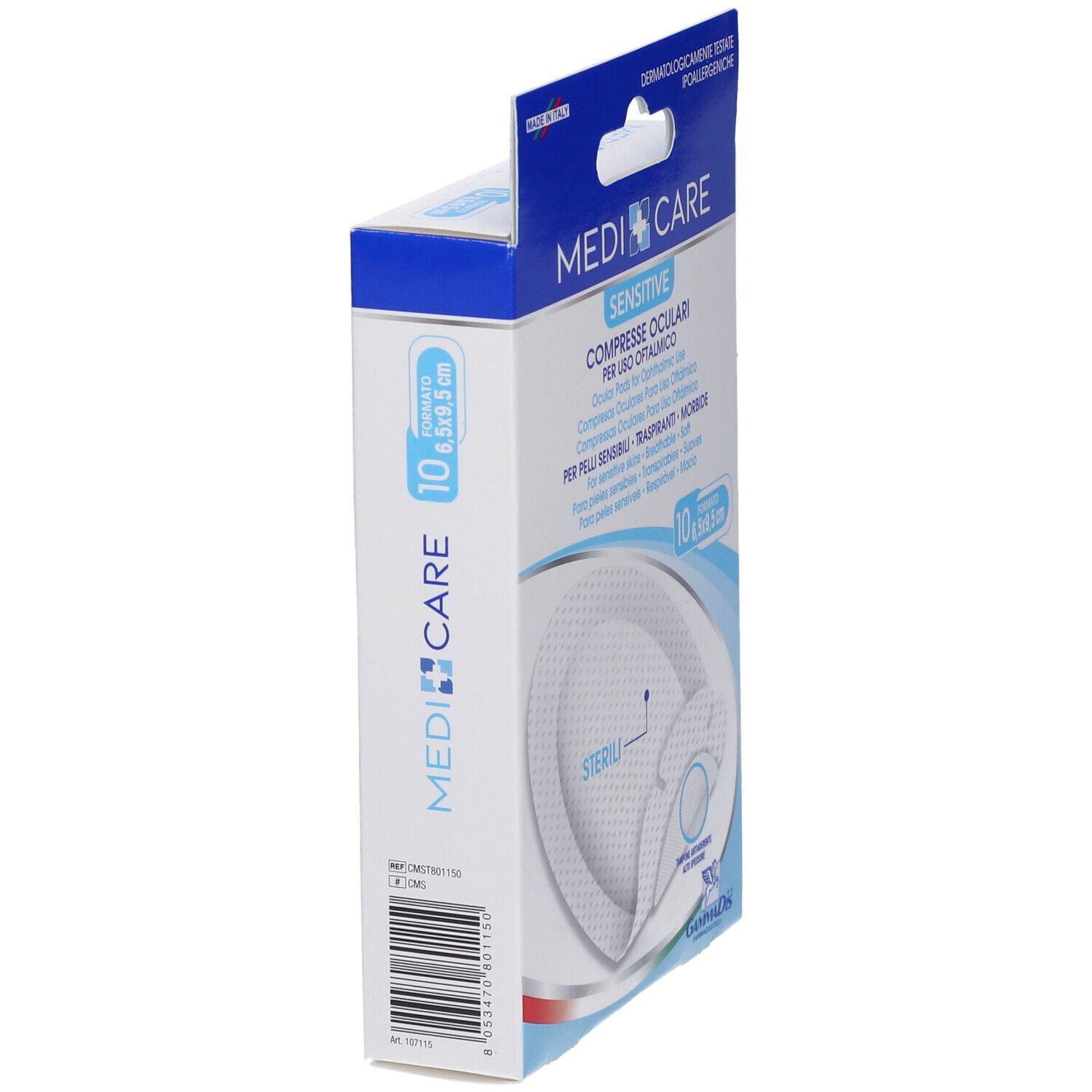 Vista laterale della confezione di compresse oculari Medicare Sensitive. 10 pezzi, 6,5 x 9,5 cm. Sterili.