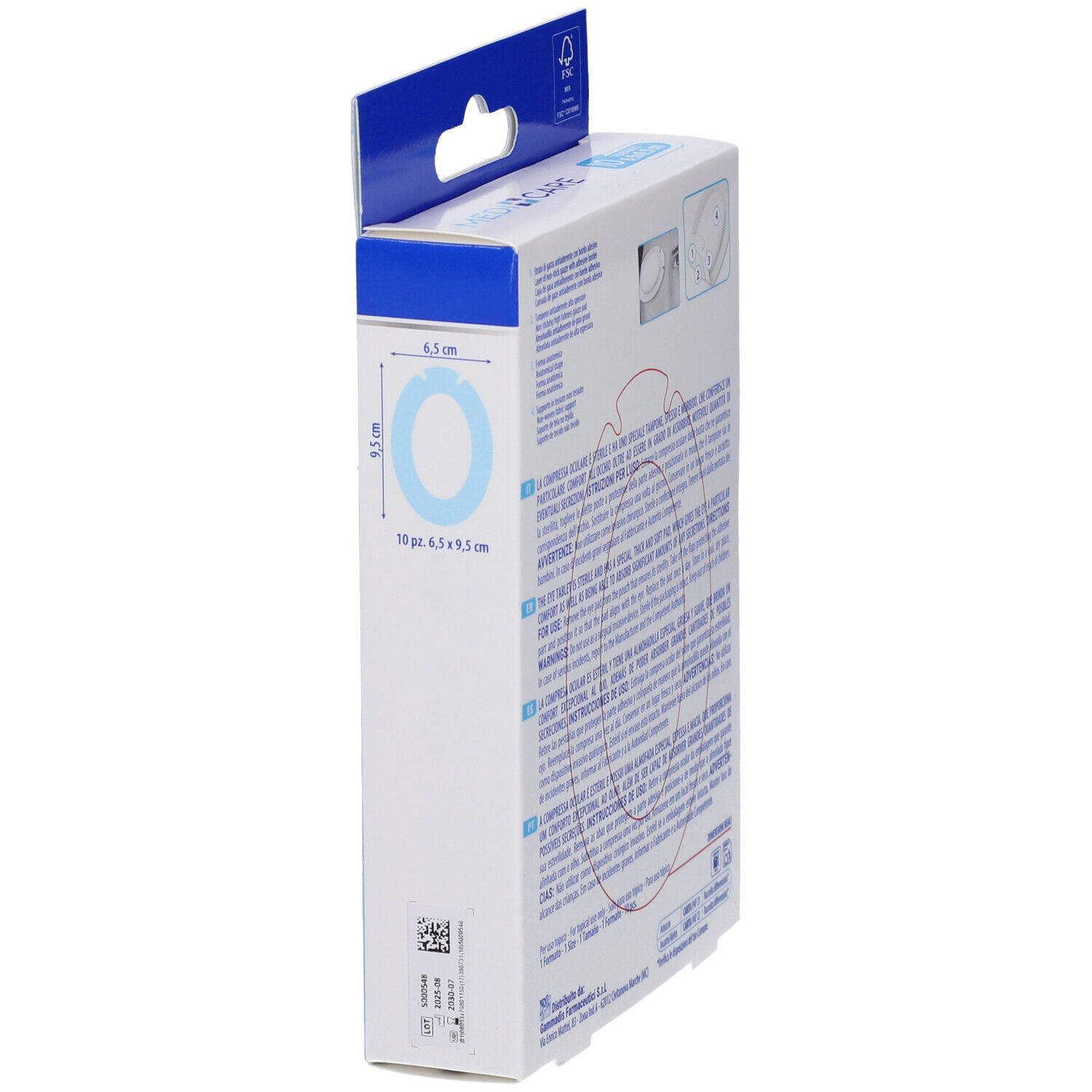 Vista laterale della confezione di compresse oculari Medicare Sensitive. 10 pezzi, 6,5 x 9,5 cm. Testo.