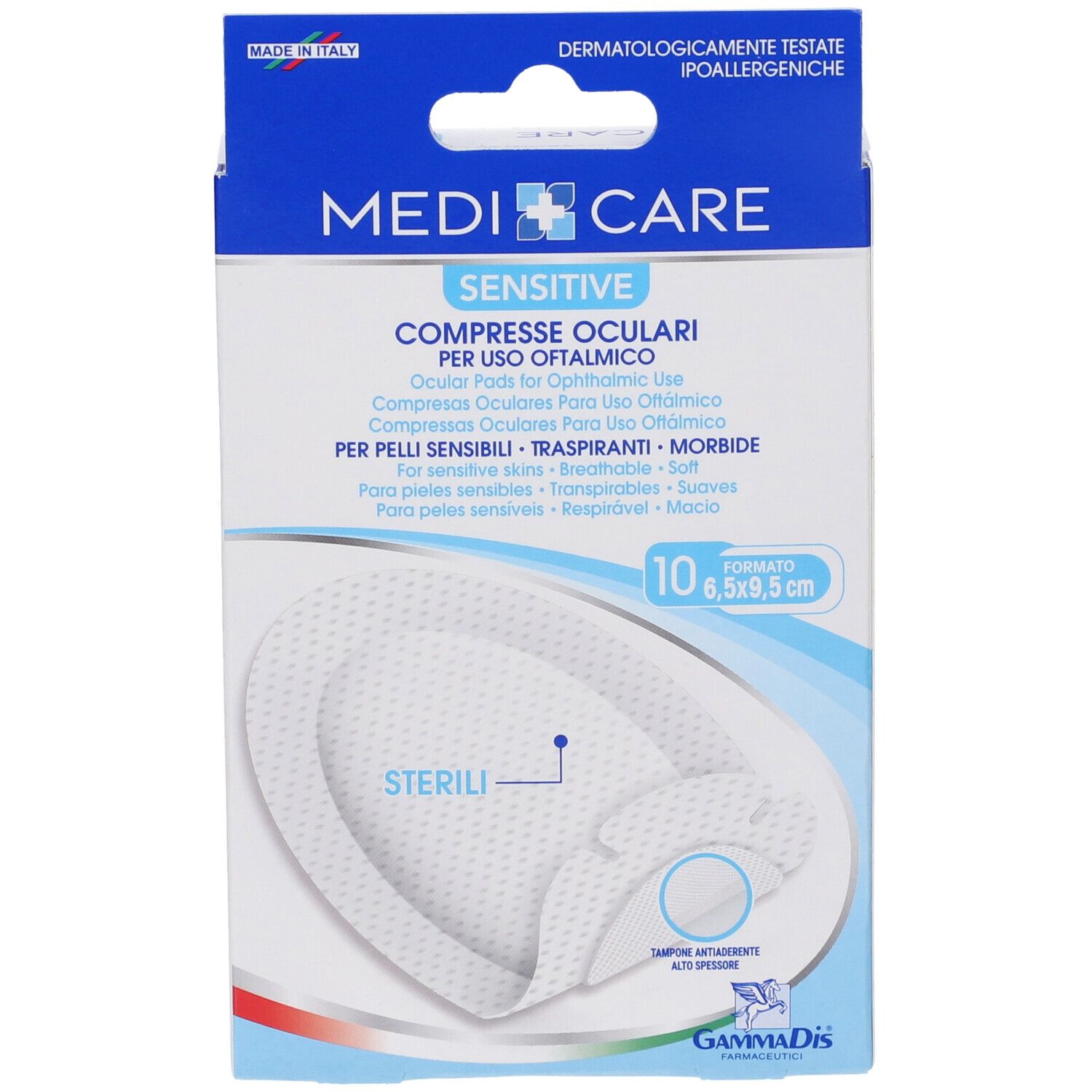 Confezione di compresse oculari Medicare Sensitive. 10 pezzi, 6,5 x 9,5 cm. Per pelli sensibili, traspiranti, morbide.