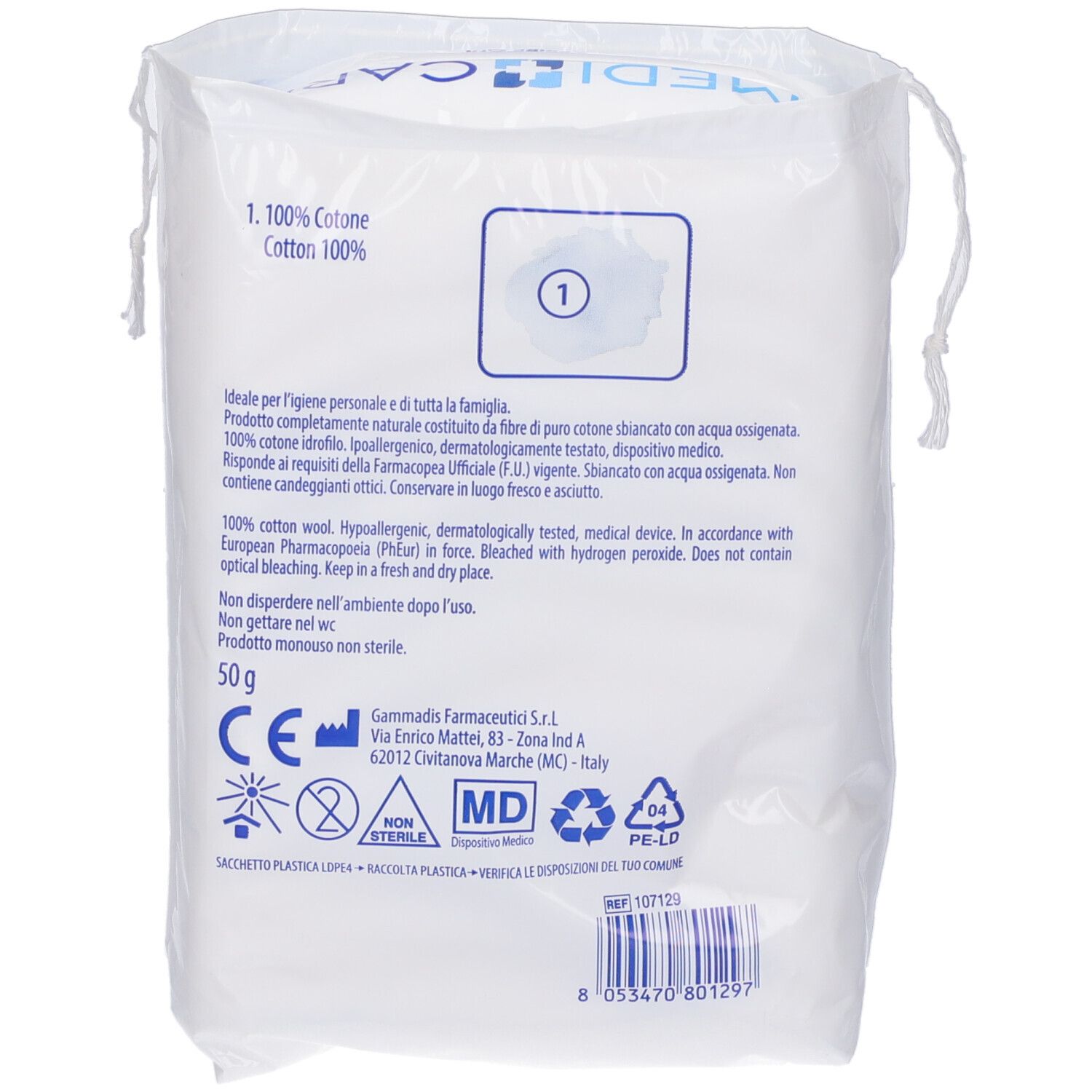 Retro della confezione di cotone. Testo: 100% cotone, 50 g. Loghi e informazioni su produzione e certificazione.