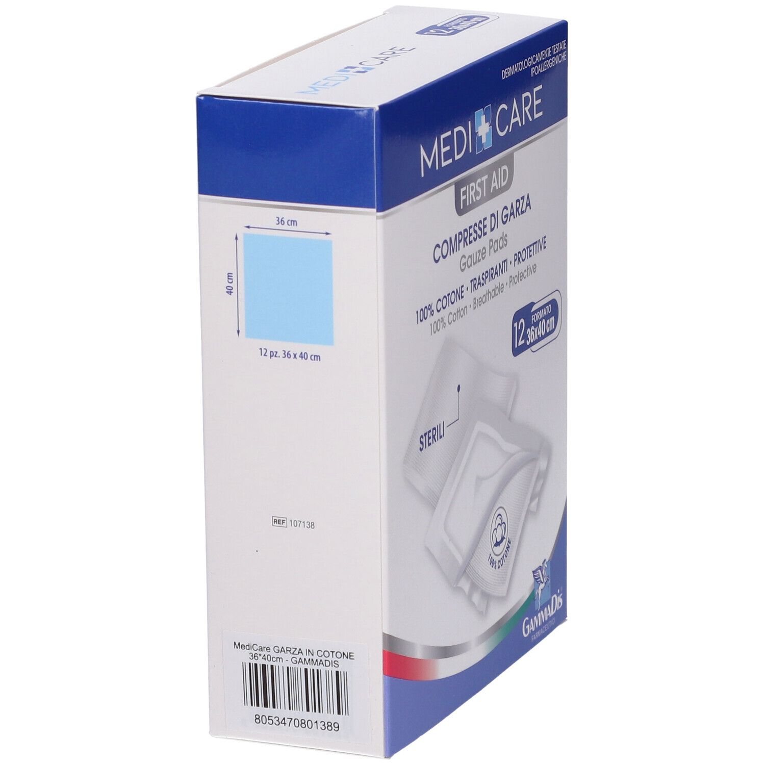 Vista laterale della confezione di compresse MEDI CARE. 12 pezzi, 36x40 cm. Informazioni e codice a barre.