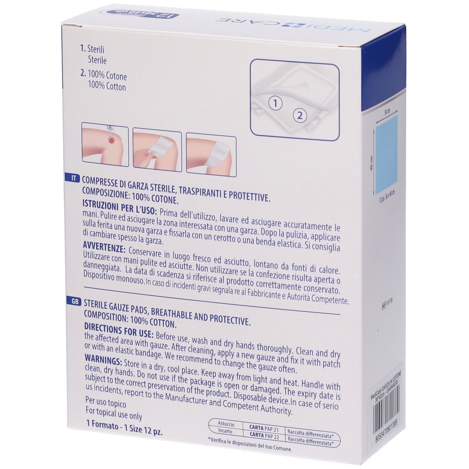 Retro della confezione di compresse MEDI CARE. Istruzioni per l'uso e ingredienti. 100% cotone.