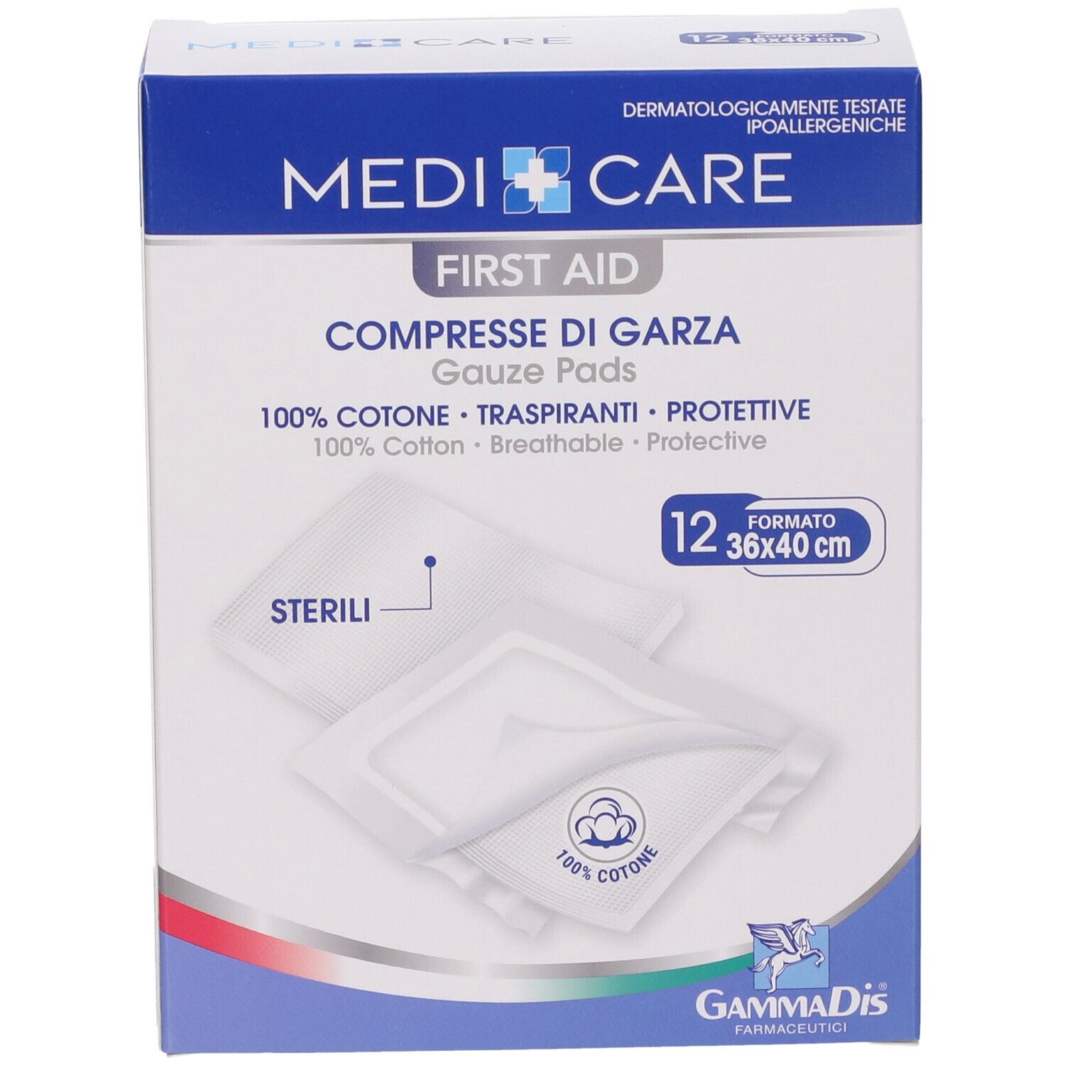 Confezione di compresse di garza MEDI CARE. 12 pezzi, 36x40 cm. 100% cotone, traspiranti, protettive. Sterili.