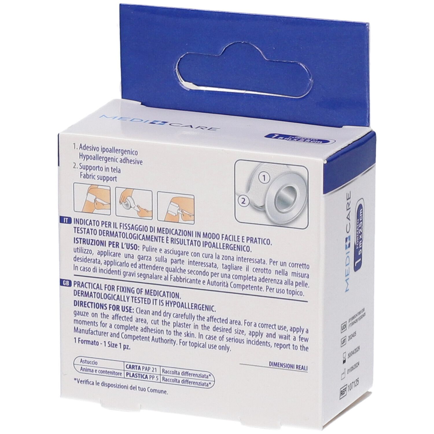 Retro della confezione MEDICARE ROCC TELA BI 5x2,5. Istruzioni e illustrazioni per l'uso visibili.