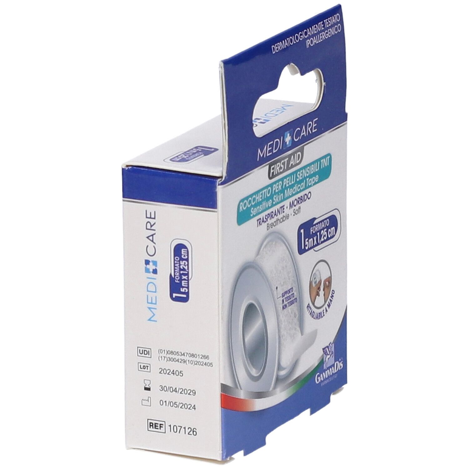 Confezione MEDICARE ROCC TNT BI. Rotolo di cerotto medico. 5m x 1,25cm. Stampa con data di scadenza e numero REF.