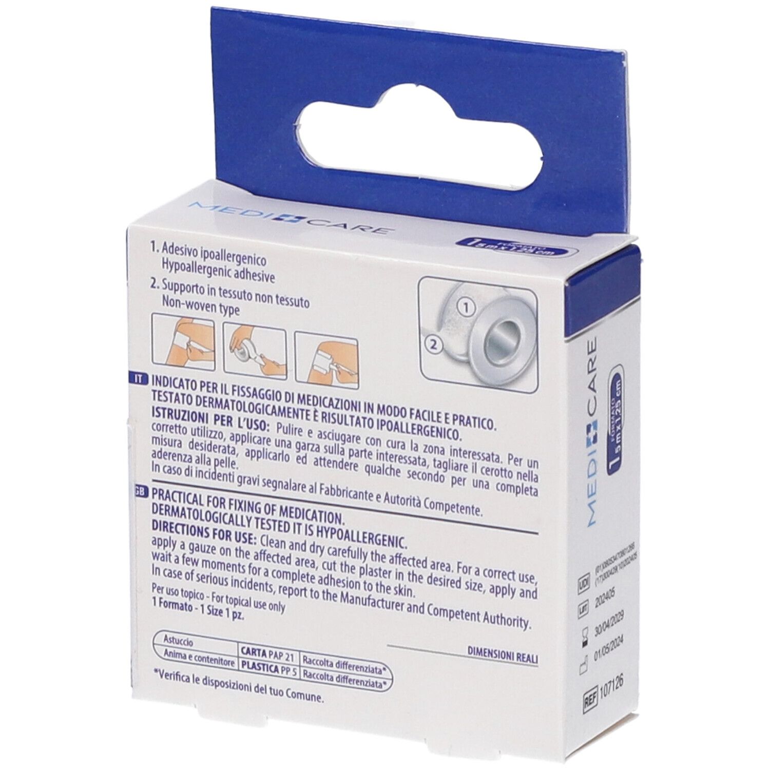Retro della confezione MEDICARE ROCC TNT BI. Istruzioni e pittogrammi. Dermatologicamente testato. Per uso topico.