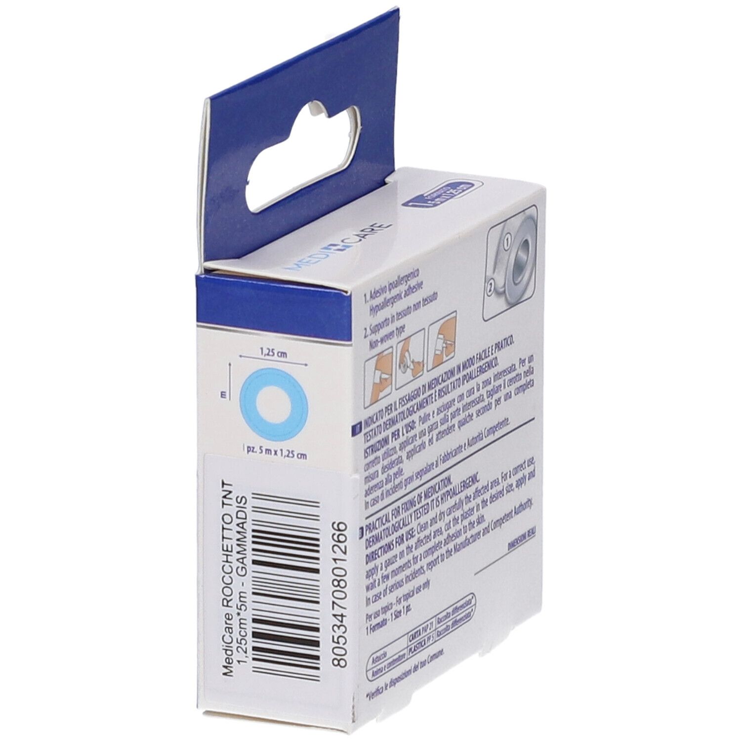 Confezione MEDICARE ROCC TNT BI. Vista laterale con dimensioni del prodotto. 1,25cm x 5m. Dermatologicamente testato.