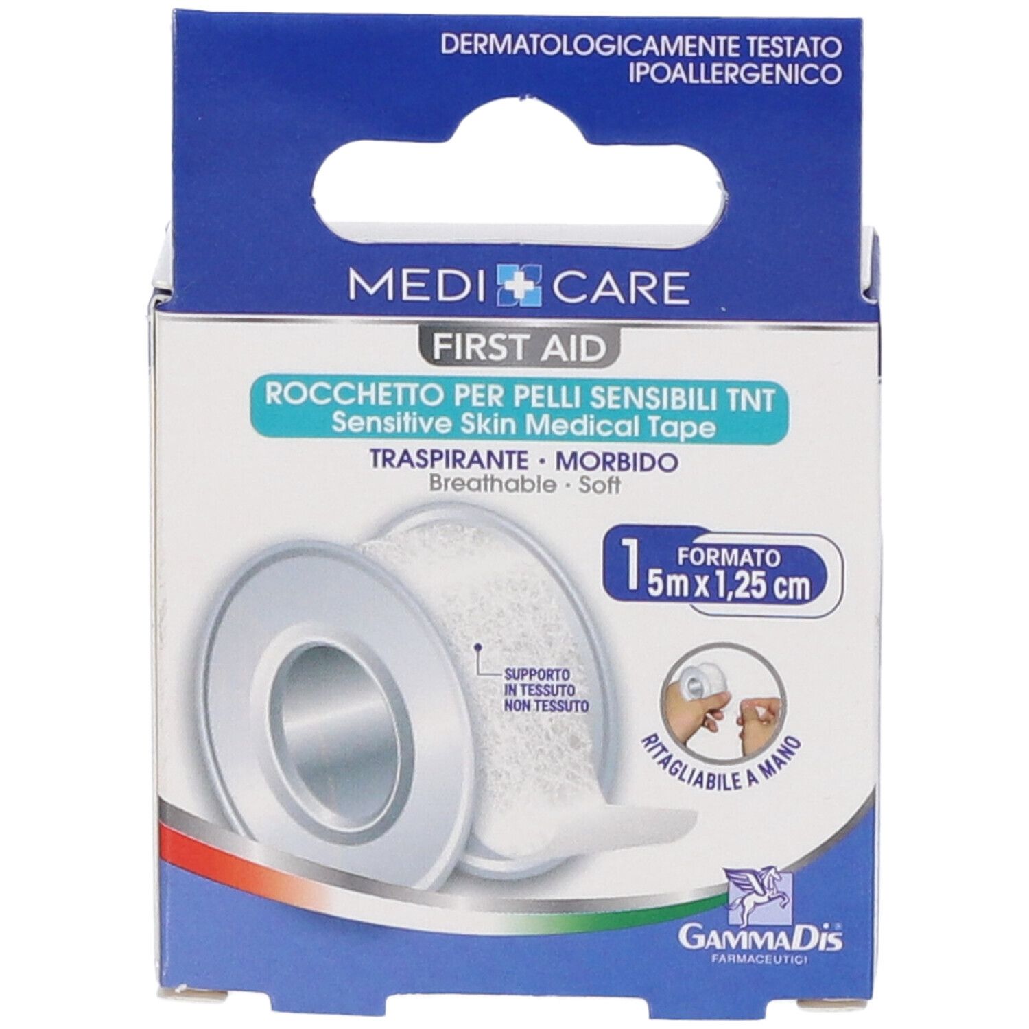 Confezione MEDICARE ROCC TNT BI. Rotolo di cerotto medico per pelli sensibili. 5m x 1,25cm. Dermatologicamente testato.