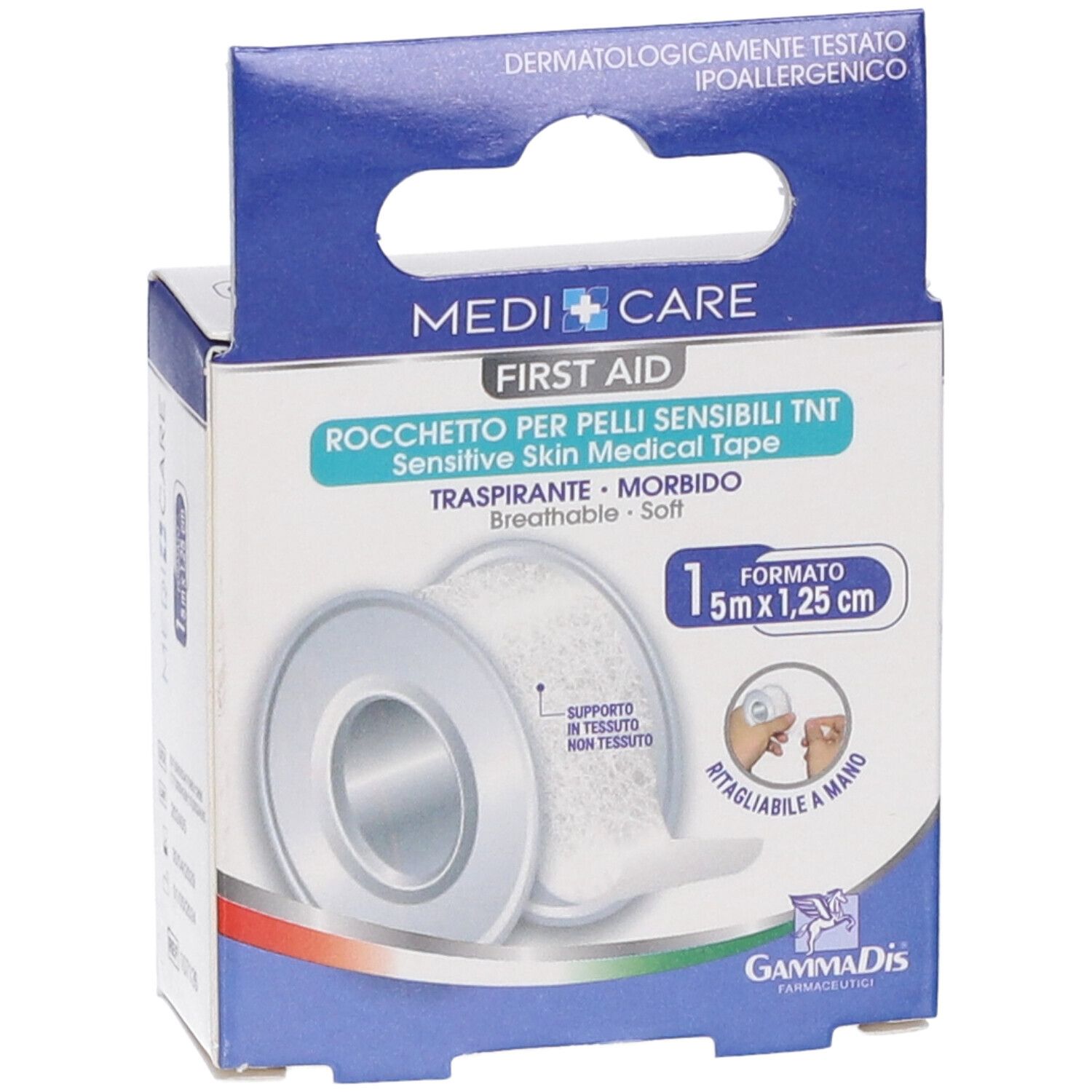 Confezione MEDICARE ROCC TNT BI. Rotolo di cerotto medico per pelli sensibili. 5m x 1,25cm. Dermatologicamente testato.