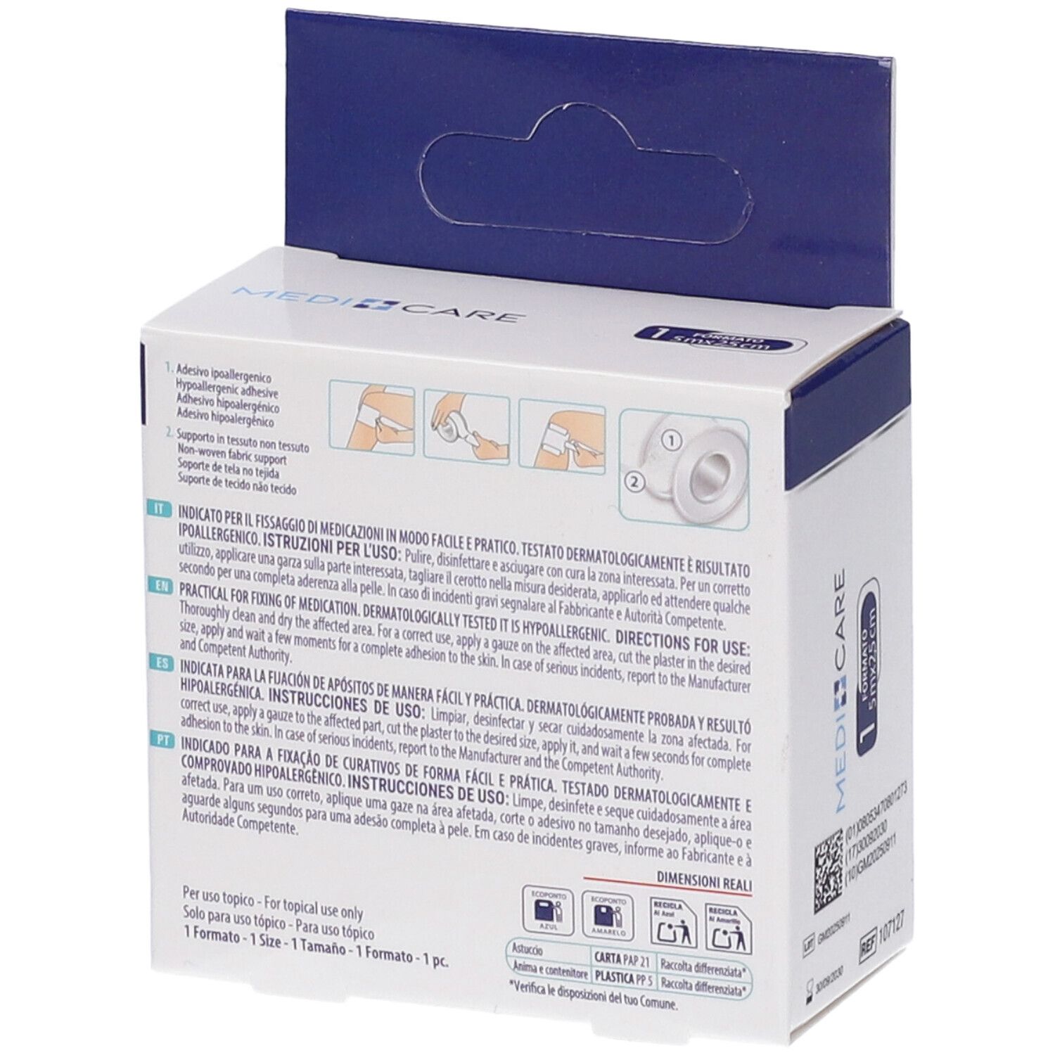 Confezione MEDICARE First Aid, retro. Istruzioni e illustrazioni per l'uso. Testato dermatologicamente, ipoallergenico.