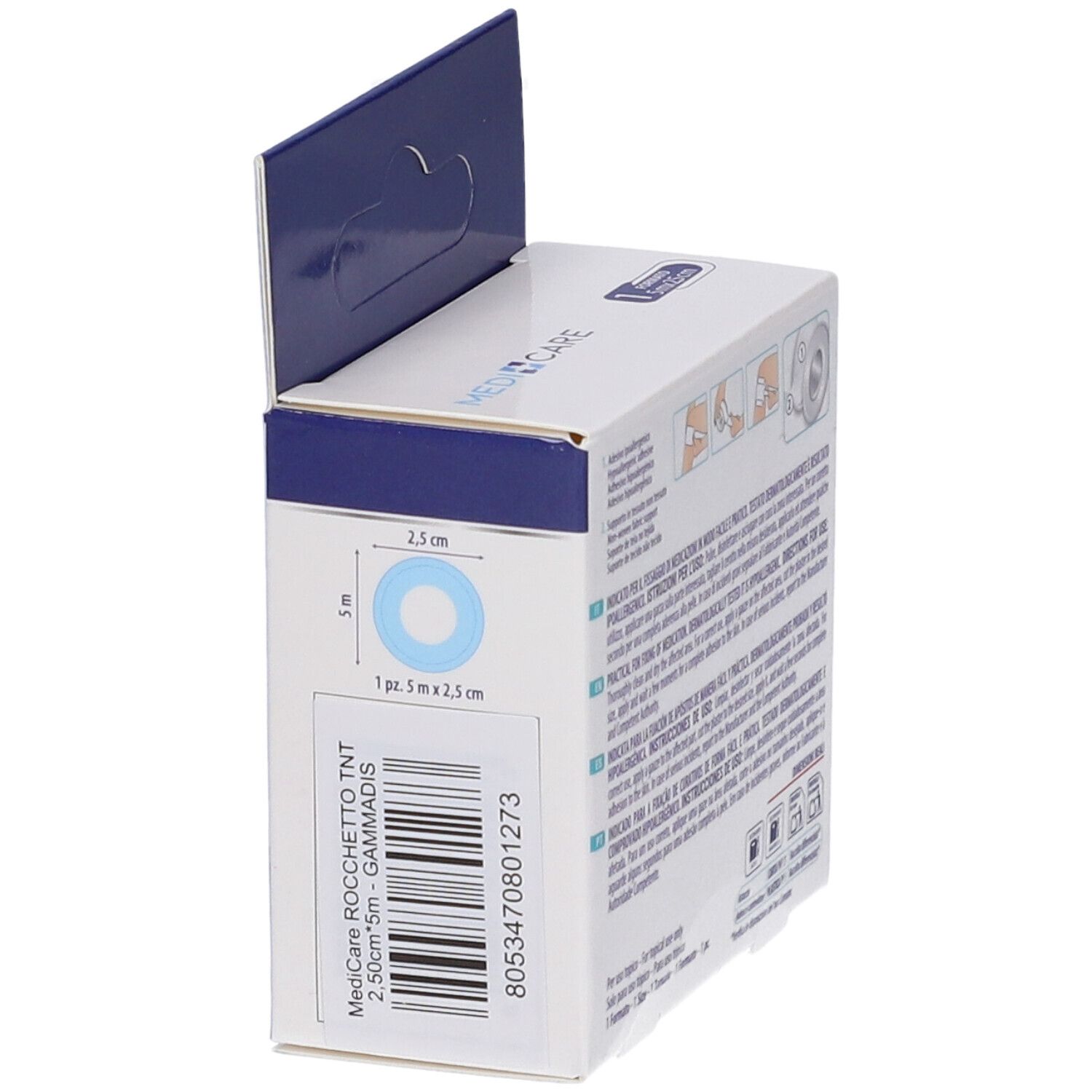 Confezione MEDICARE First Aid, vista dall'alto. Nome prodotto e dimensioni: 5x2,5 cm. Testato dermatologicamente, ipoallergenico.