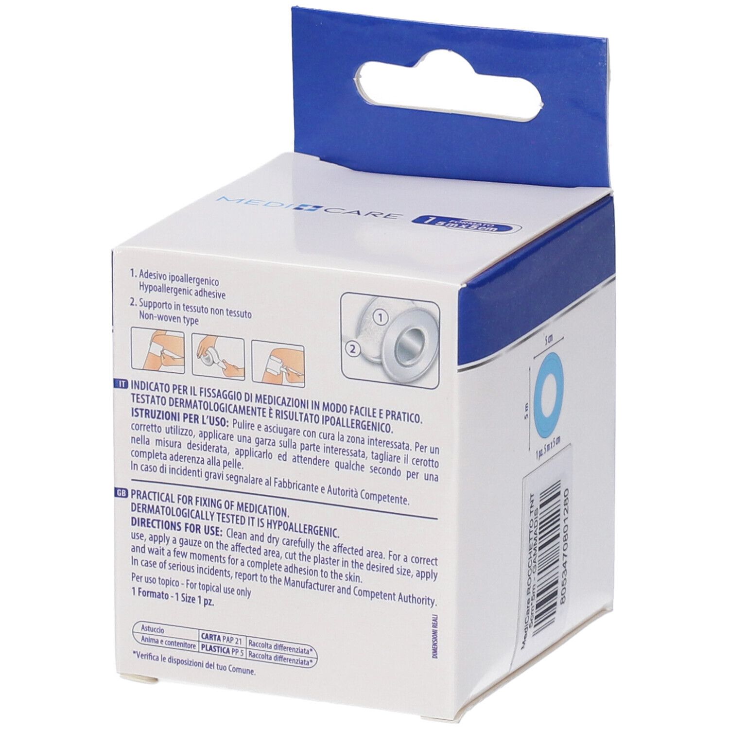 Confezione MEDICARE, retro. Contiene istruzioni e informazioni sul prodotto. Immagine del prodotto e dimensione 5x5cm.