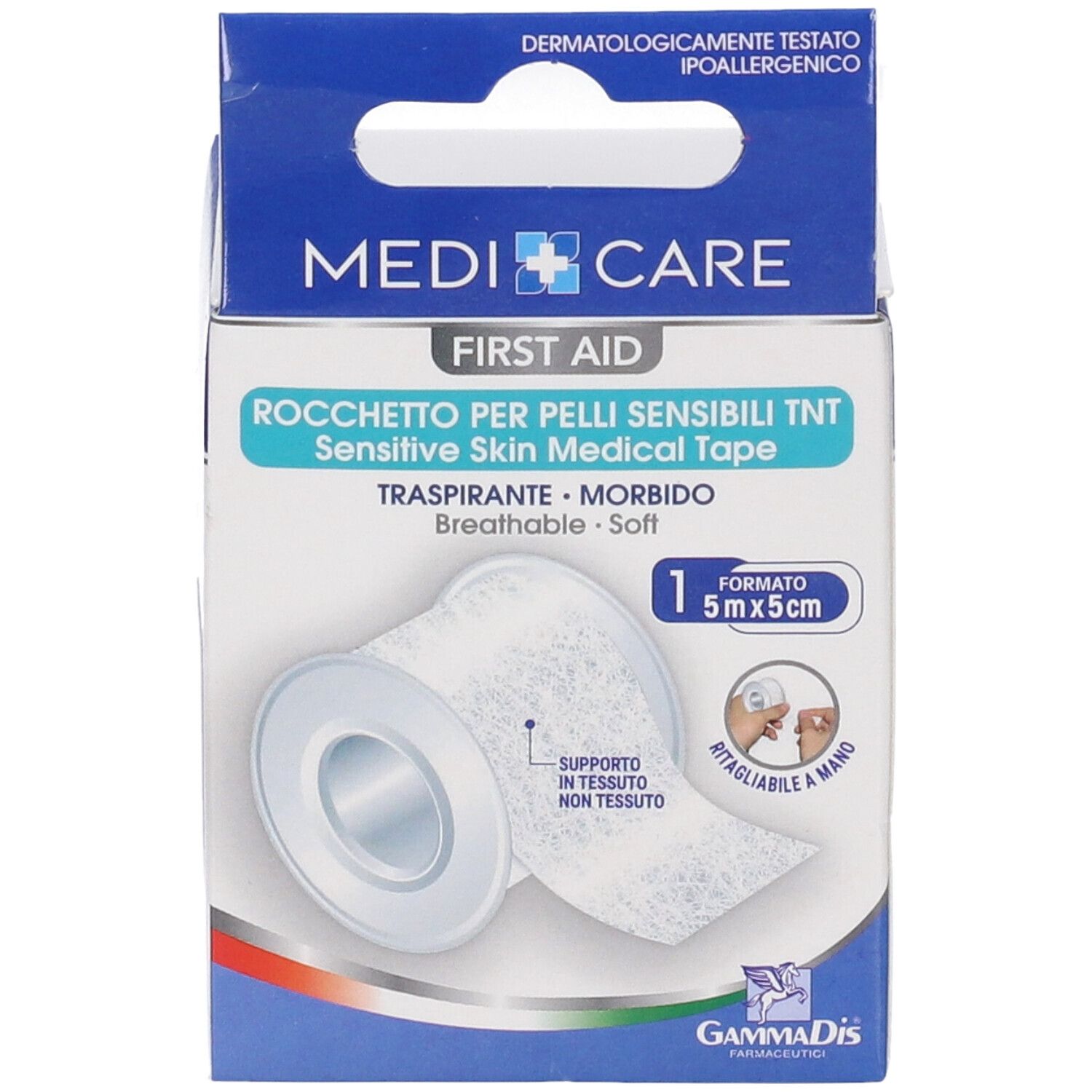 Rotolo MEDICARE primo soccorso, 5x5cm, per pelli sensibili. Confezione con immagine e testo del prodotto. Dermatologicamente testato.