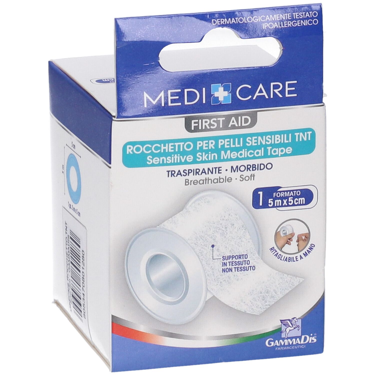 Rotolo MEDICARE primo soccorso, 5x5cm, per pelli sensibili. Confezione con immagine e testo del prodotto. Dermatologicamente testato.