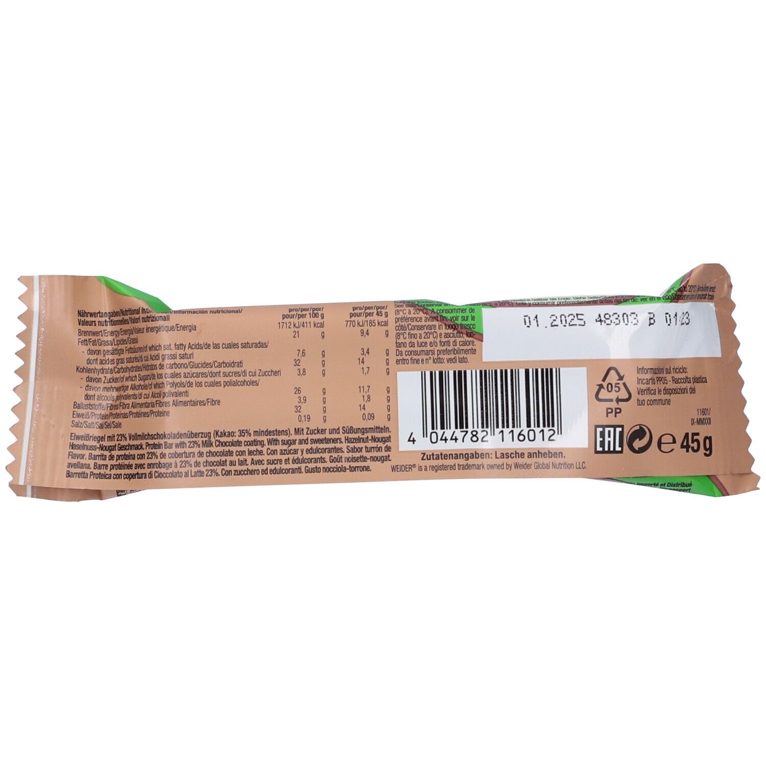 Retro della barretta Weider Joe's Core. Informazioni nutrizionali, codice a barre, scadenza, simbolo riciclo, 45g.