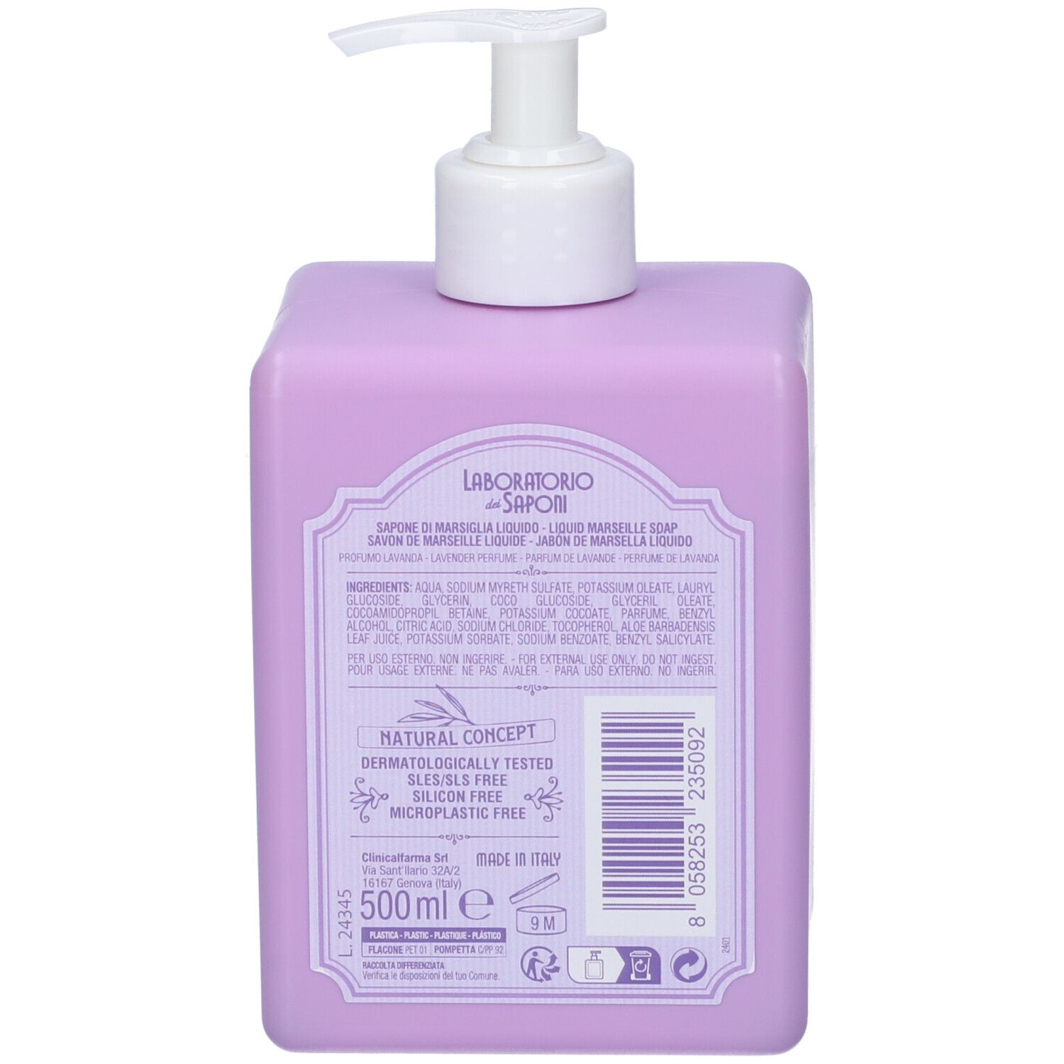 Retro del flacone di sapone liquido viola. Contiene ingredienti, Natural Concept, dermatologicamente testato, 500ml.
