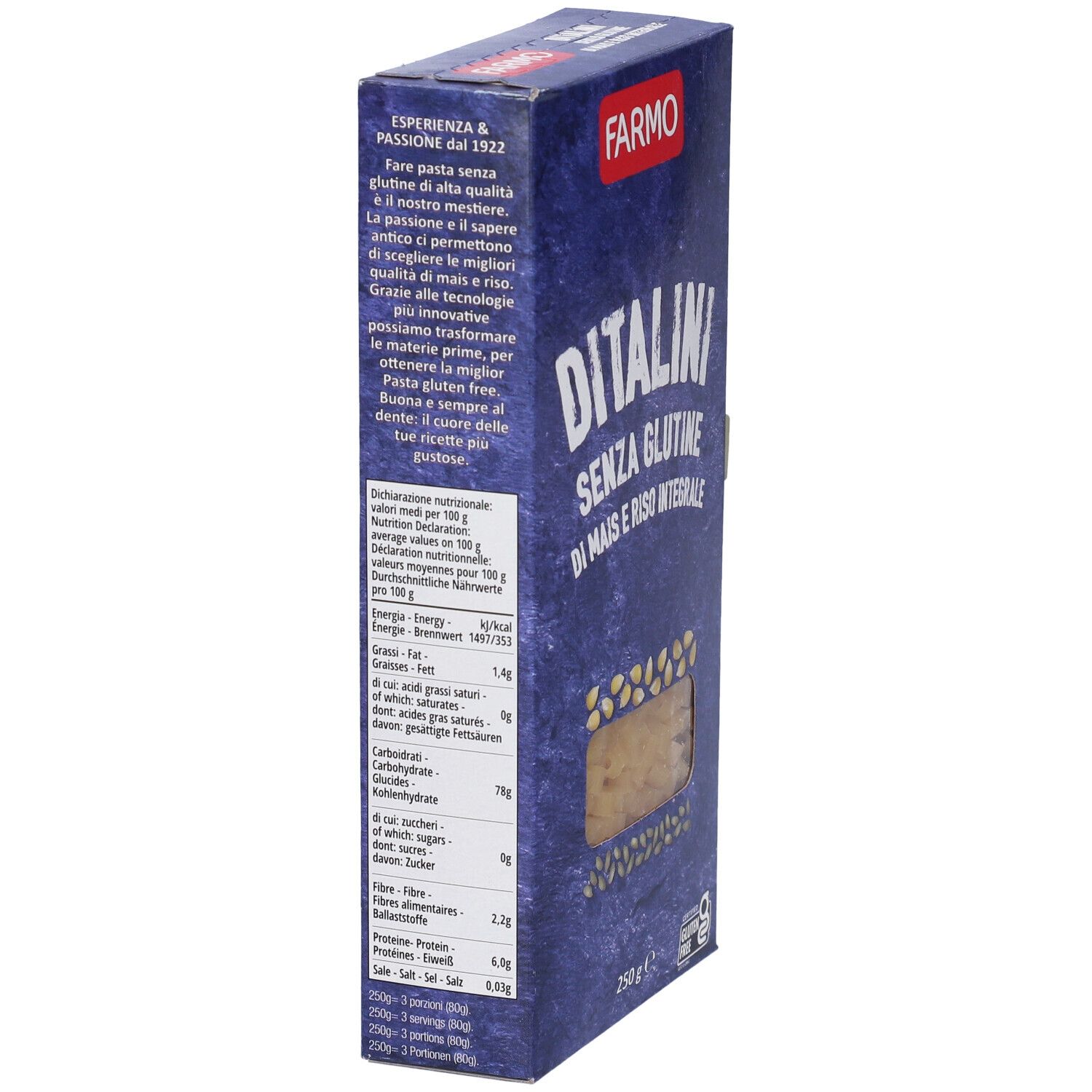 Confezione blu Farmo Ditalini Senza Glutine. Vista laterale con testo e valori nutrizionali. Logo senza glutine.