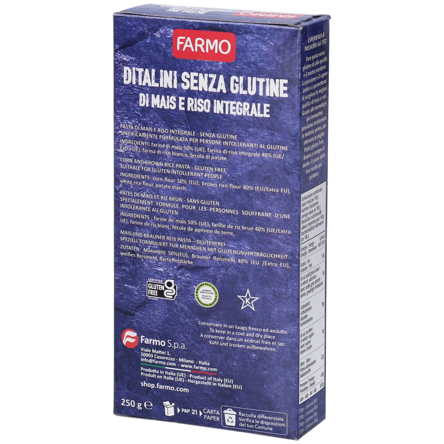 Retro confezione blu Farmo Ditalini Senza Glutine. Testo multilingue. Logo senza glutine.