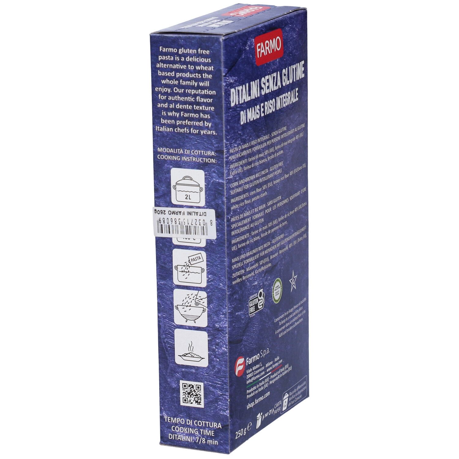 Confezione blu Farmo Ditalini Senza Glutine. Testo e istruzioni di cottura. Logo senza glutine.