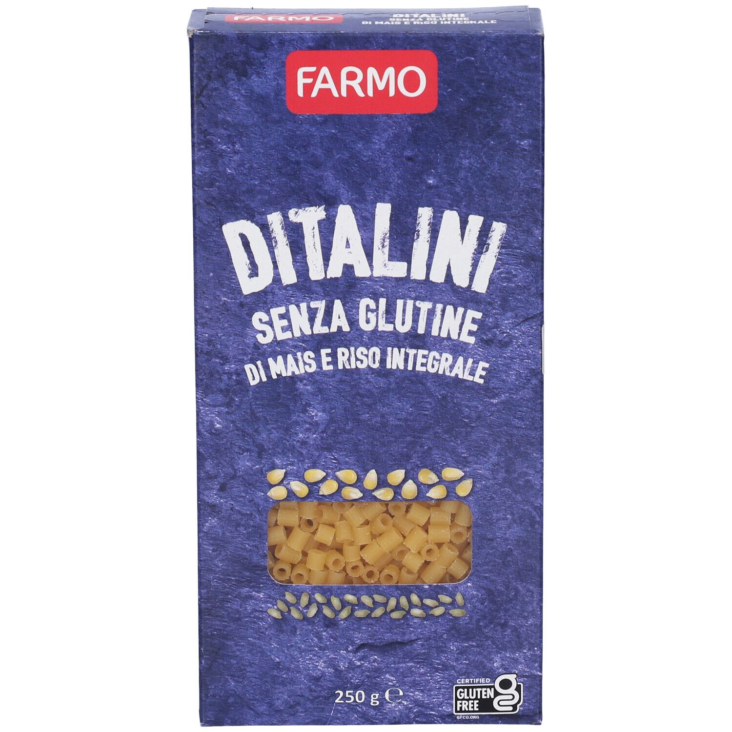 Confezione blu Farmo Ditalini Senza Glutine. Finestra con pasta. Logo senza glutine.