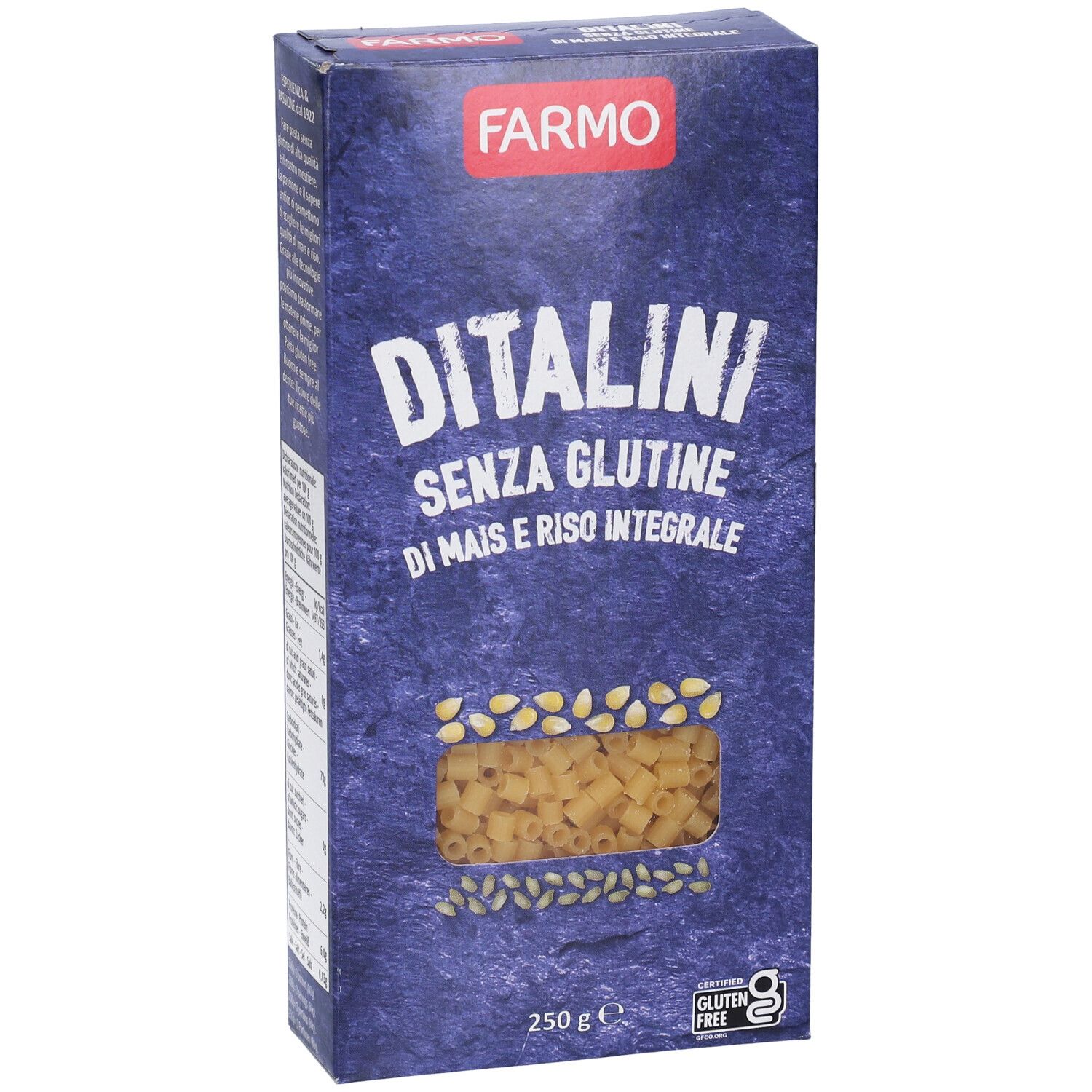 Confezione blu Farmo Ditalini Senza Glutine. Finestra con pasta. Logo senza glutine.