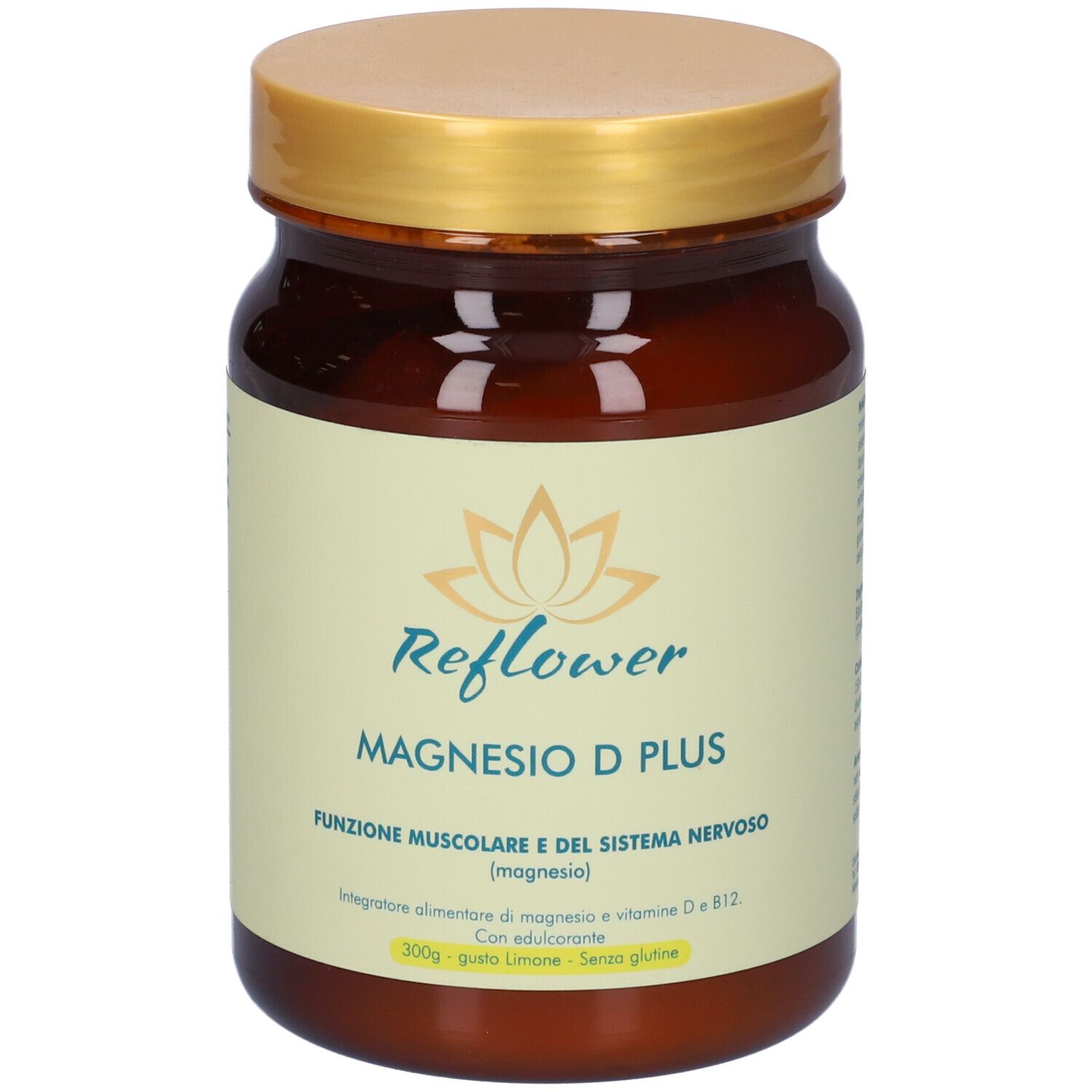 Barattolo marrone con coperchio dorato. Scritta: Reflower, Magnesio D Plus. Contiene informazioni.