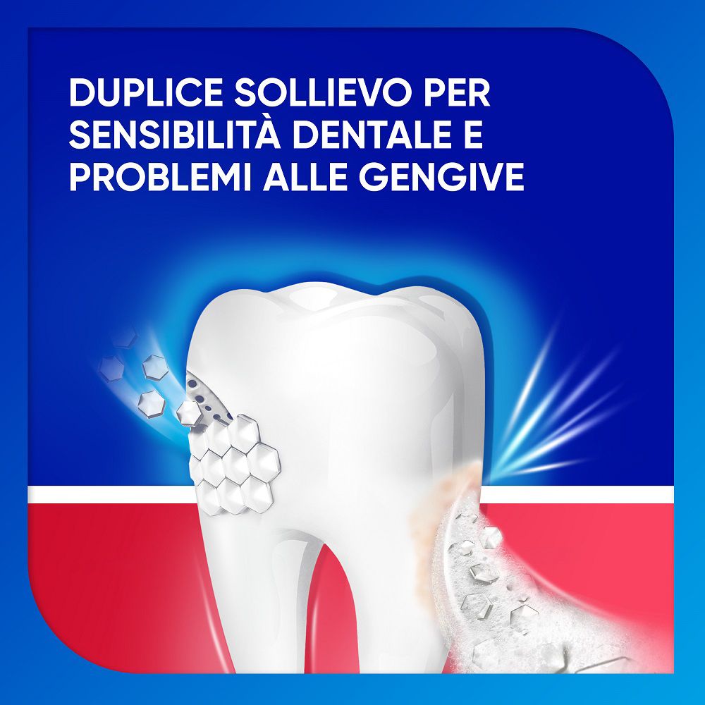 Modello di dente con testo: Duplice sollievo per sensibilità dentale e problemi alle gengive. Sfondo blu.