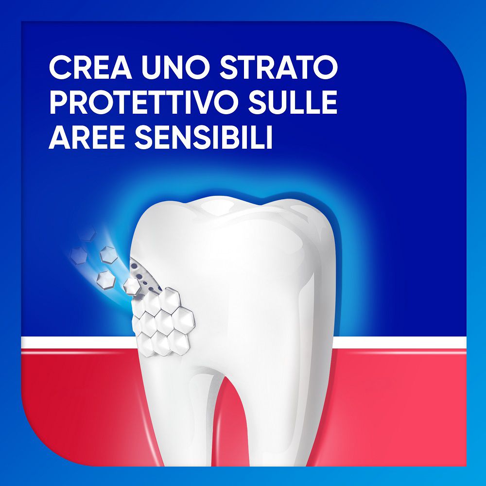 Modello di dente con testo: Crea uno strato protettivo sulle aree sensibili. Sfondo blu.