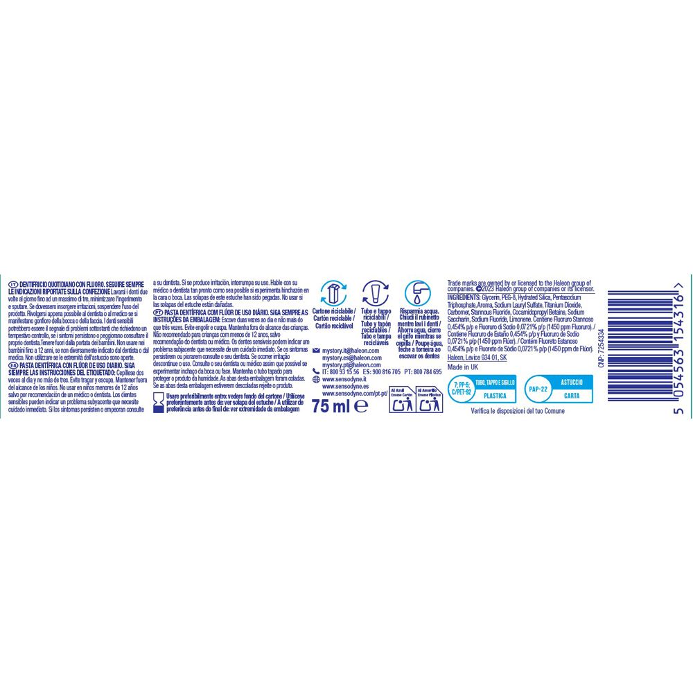 Retro del tubetto di dentifricio. Testo, ingredienti, loghi e informazioni in italiano.