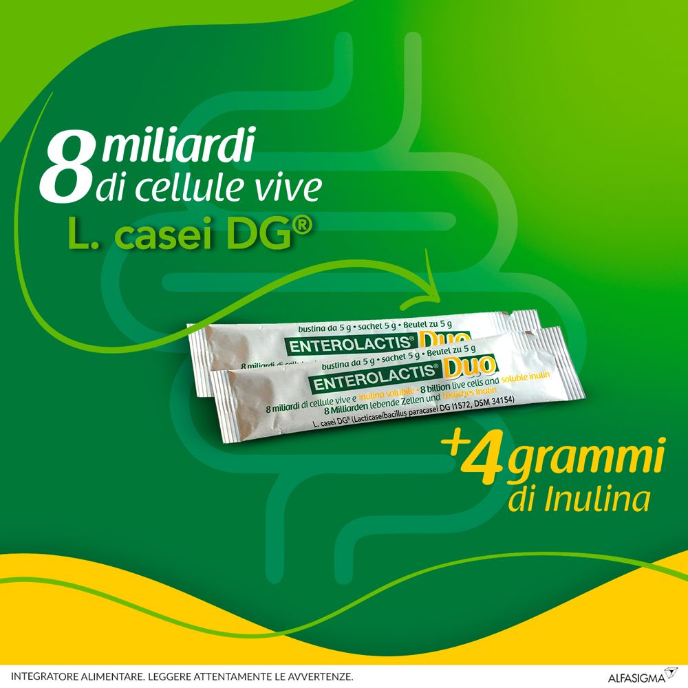 Due bustine di Enterolactis Duo. Testo: 8 miliardi di cellule vive e L. casei DG. Contiene 4 grammi di inulina.