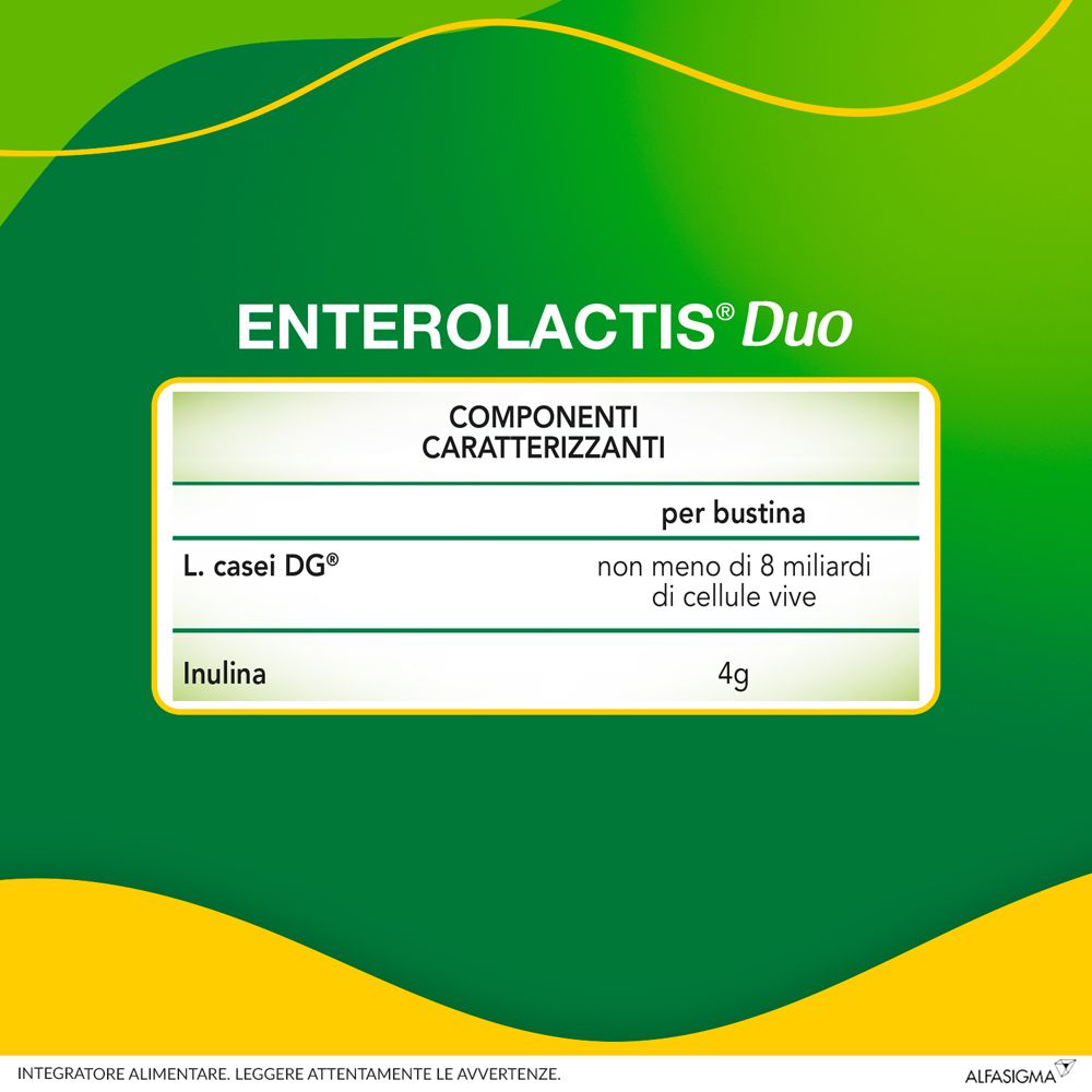 Tabella informativa Enterolactis Duo. Contiene L. casei DG e inulina. Per bustina: non meno di 8 miliardi di cellule vive e 4g di inulina.