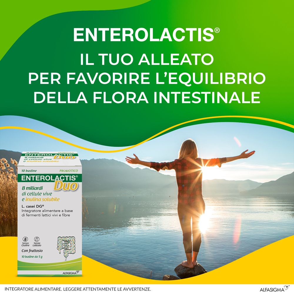 Immagine pubblicitaria con confezione Enterolactis Duo. Donna con braccia aperte davanti al lago. Testo: Favorisce l'equilibrio della flora intestinale.