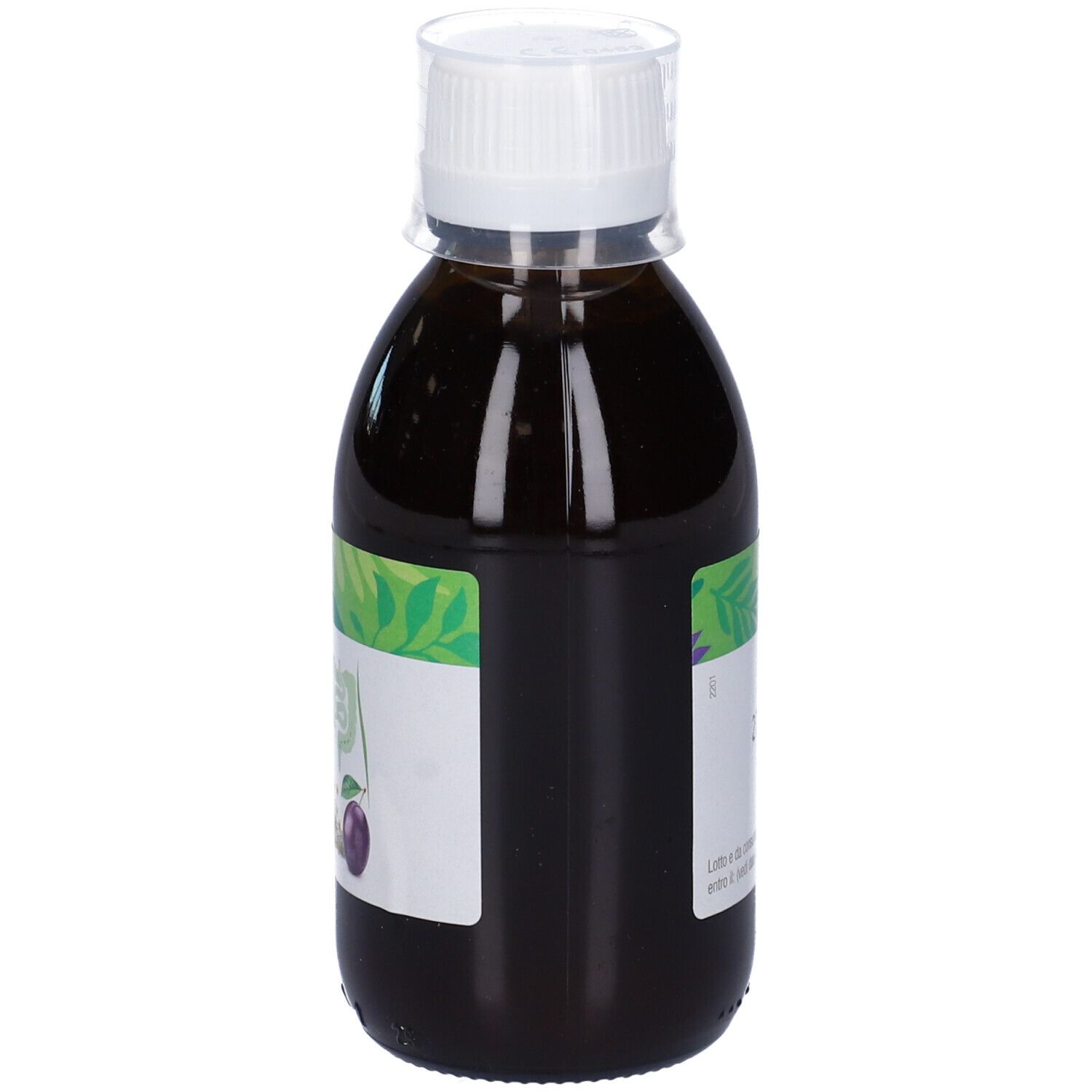 Liquido marrone in bottiglia con tappo bianco. Etichetta con informazioni e prugna.