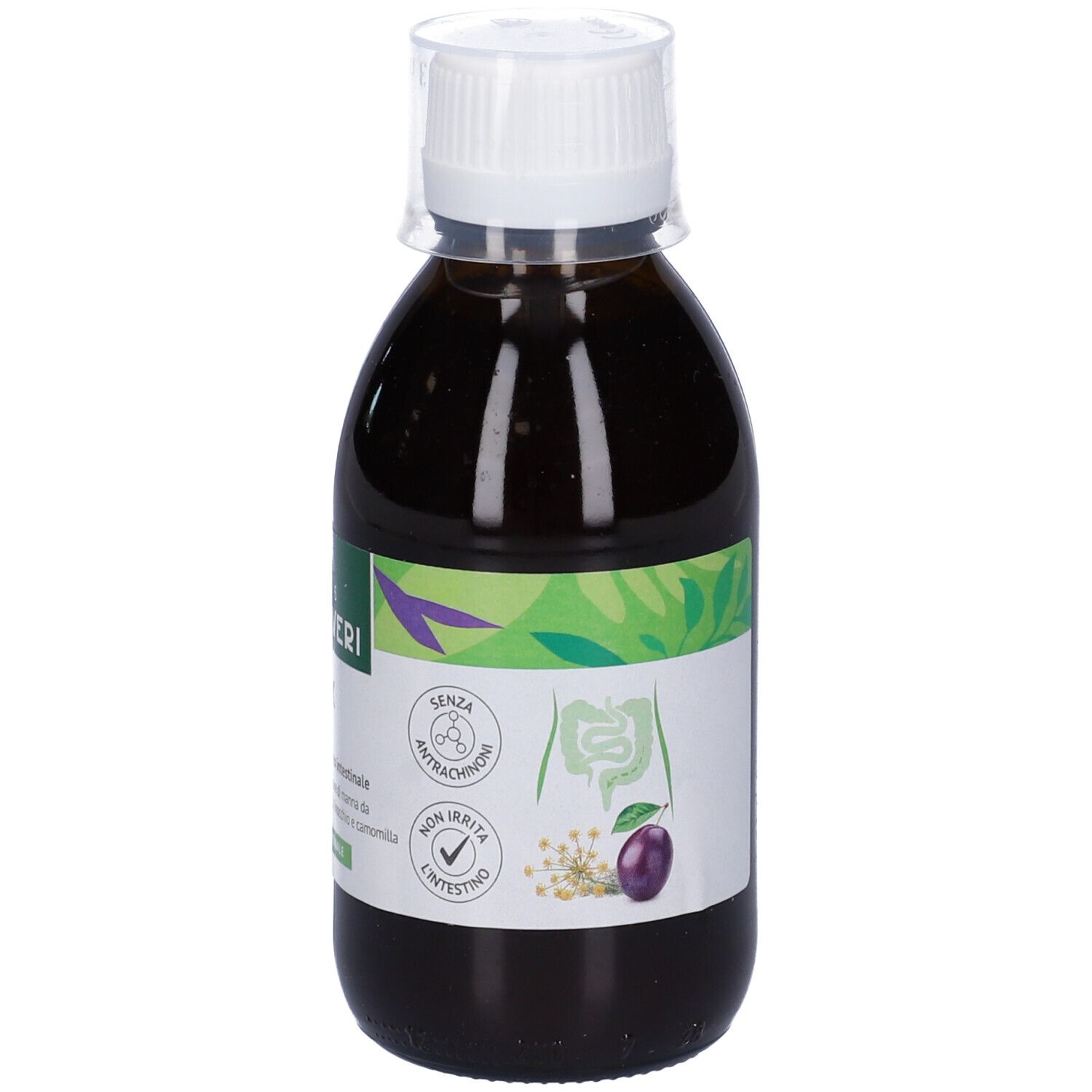 Liquido marrone in bottiglia con tappo bianco. Etichetta con logo, illustrazione dell'intestino e prugna.