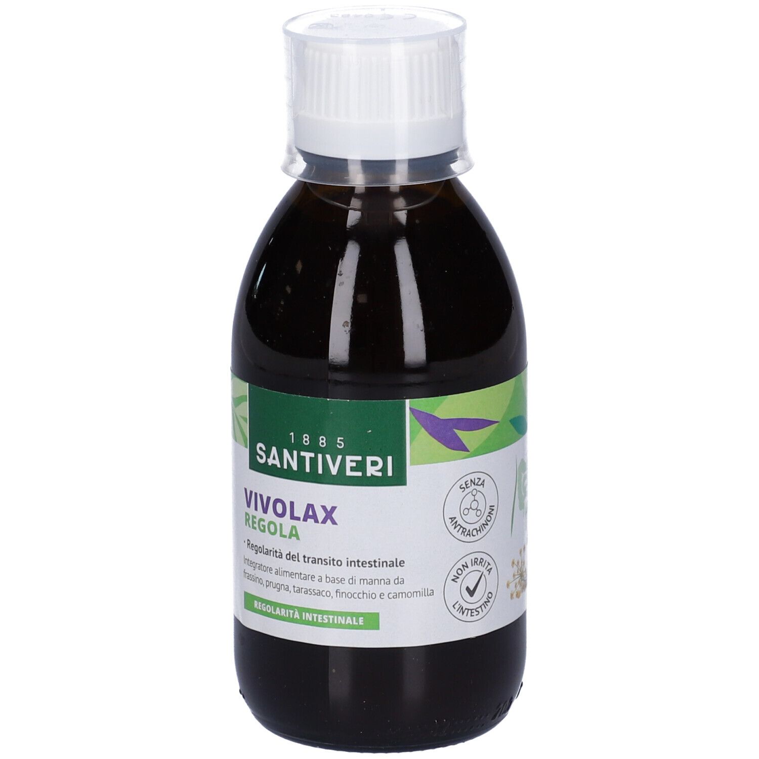 Liquido marrone in bottiglia con tappo bianco. Etichetta con nome prodotto, logo e illustrazioni.