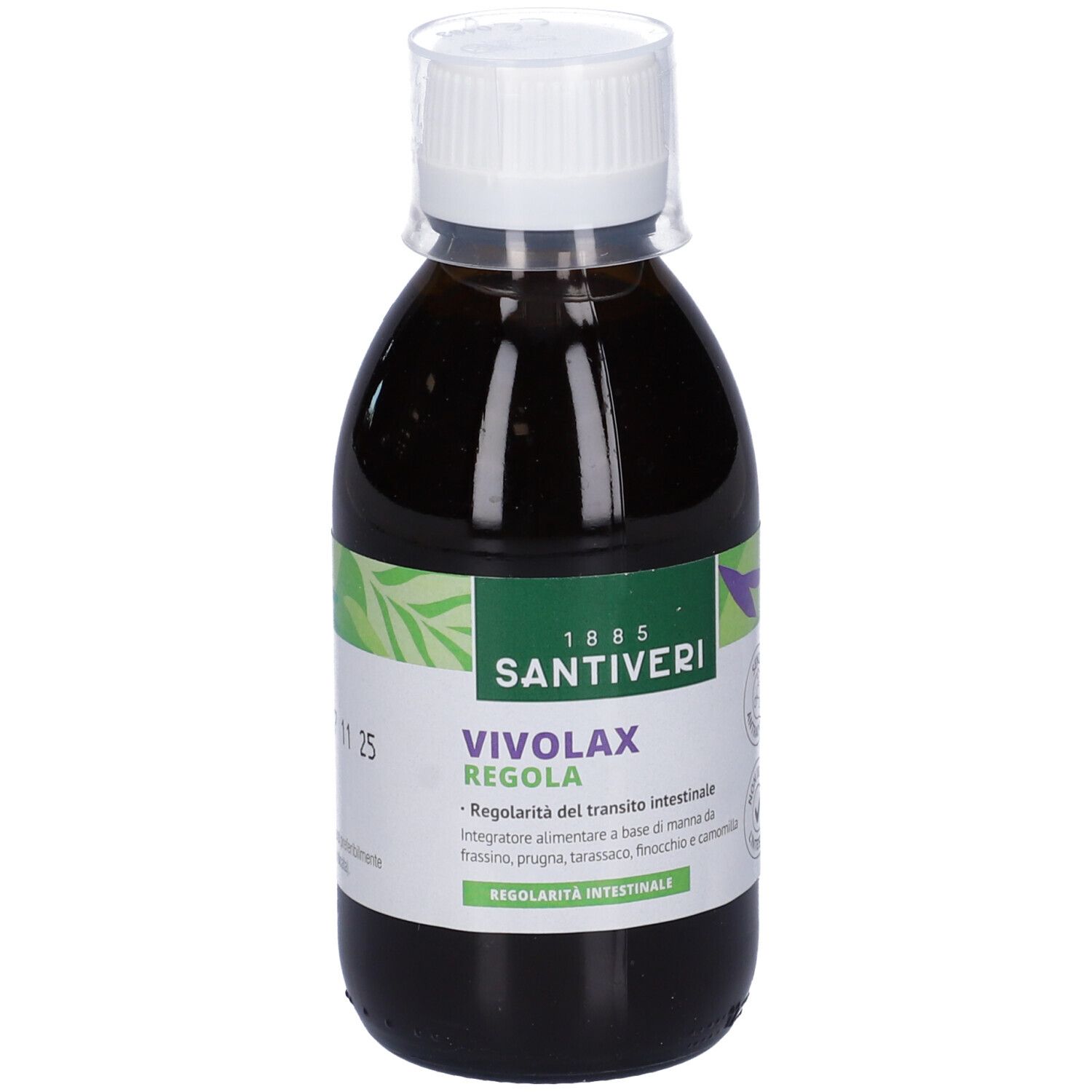 Liquido marrone in bottiglia con tappo bianco. Etichetta con nome prodotto e data di scadenza.